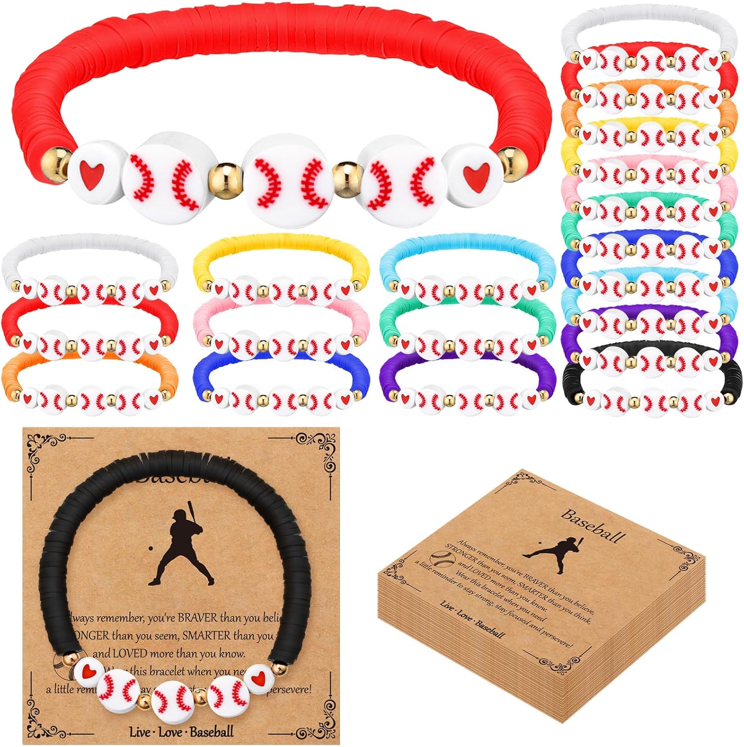20 Set Baseball Bracelets Team Gift Sport Bead Ball Bracelet Bulk Adjustable with Inspirational Card Charm Bracelets for Baseball Birthday Party