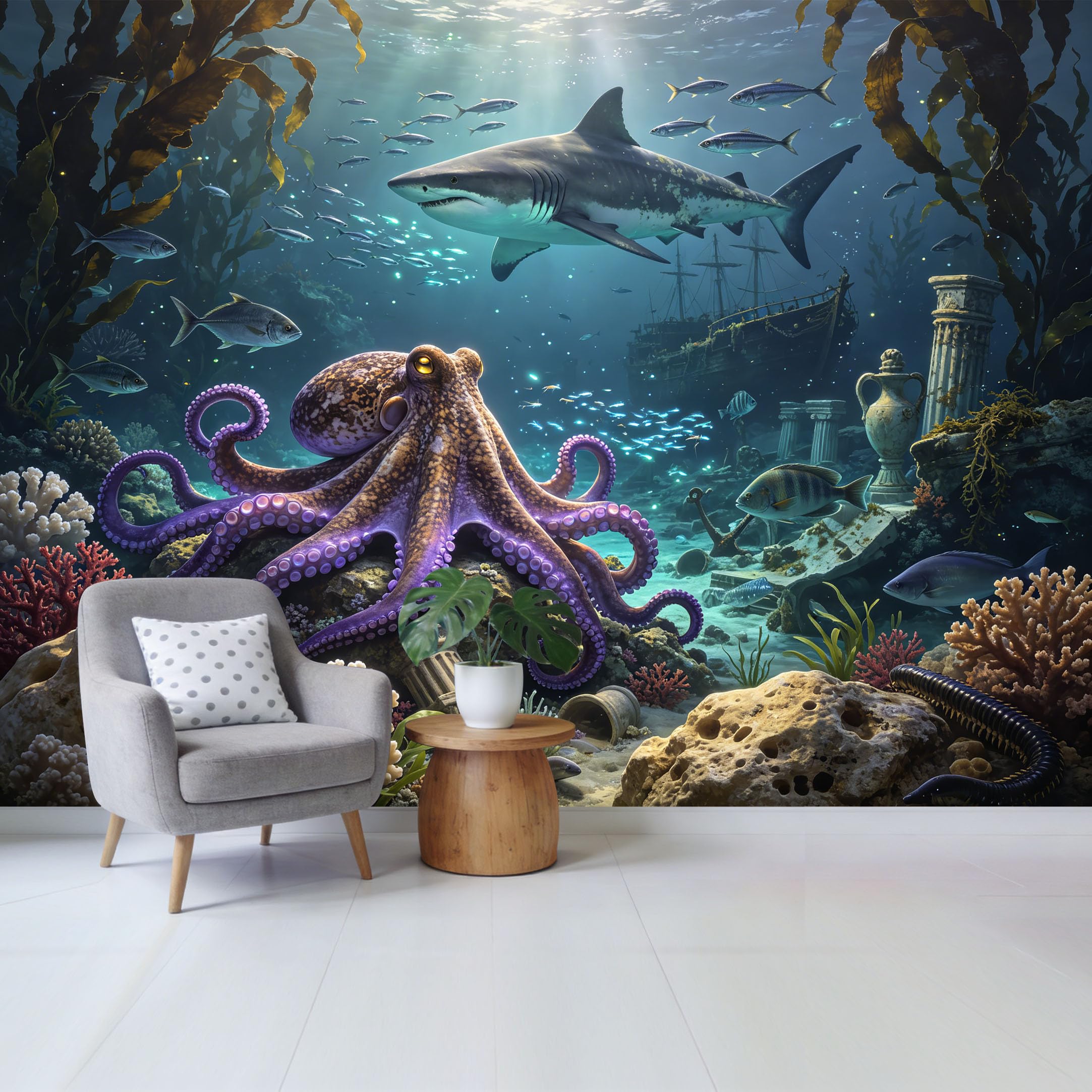 Custom Size Wall Mural Ocean Marine Octopus Shark Shipwreck Underwater Scene Removable Self Adhesive Fabric Home Wall Decor for Living Room Bedroom Bathroom