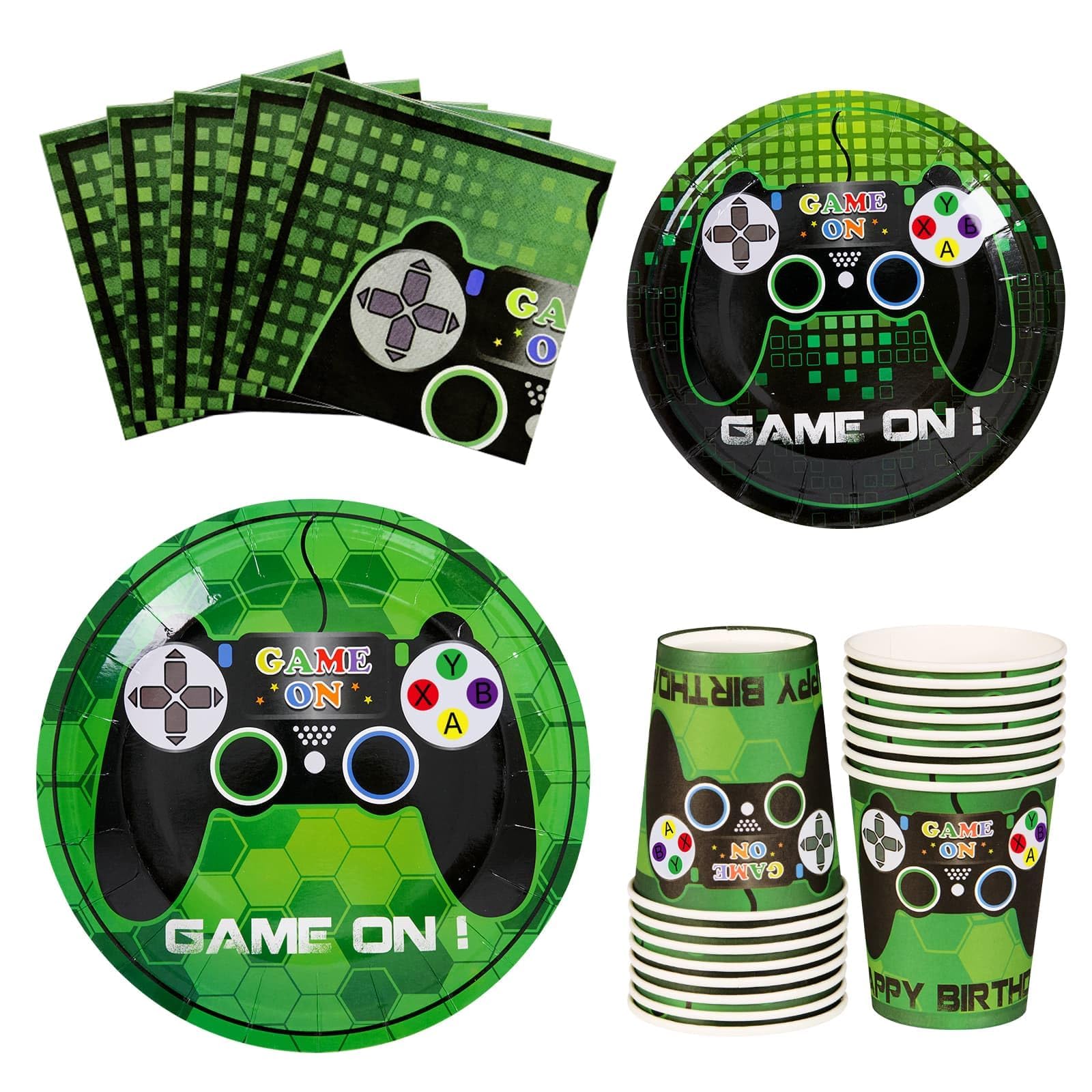 WERNNSAI Video Game Party Decorations - 64 PCS Gaming Birthday Supplies for Boys Green Black Game Party Plates Cups Napkins Paper Kids Tableware Set on Gamer Night Serves 16 Guests