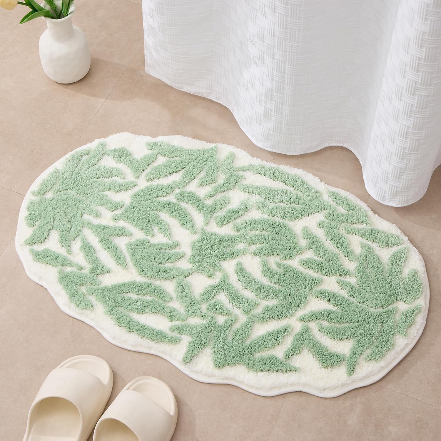ORTIGIA Cute Leaf Bath Mat Green Leaves Bathroom Rug Soft Plush Microfiber Absorbent Quick Dry Non Slip Washable