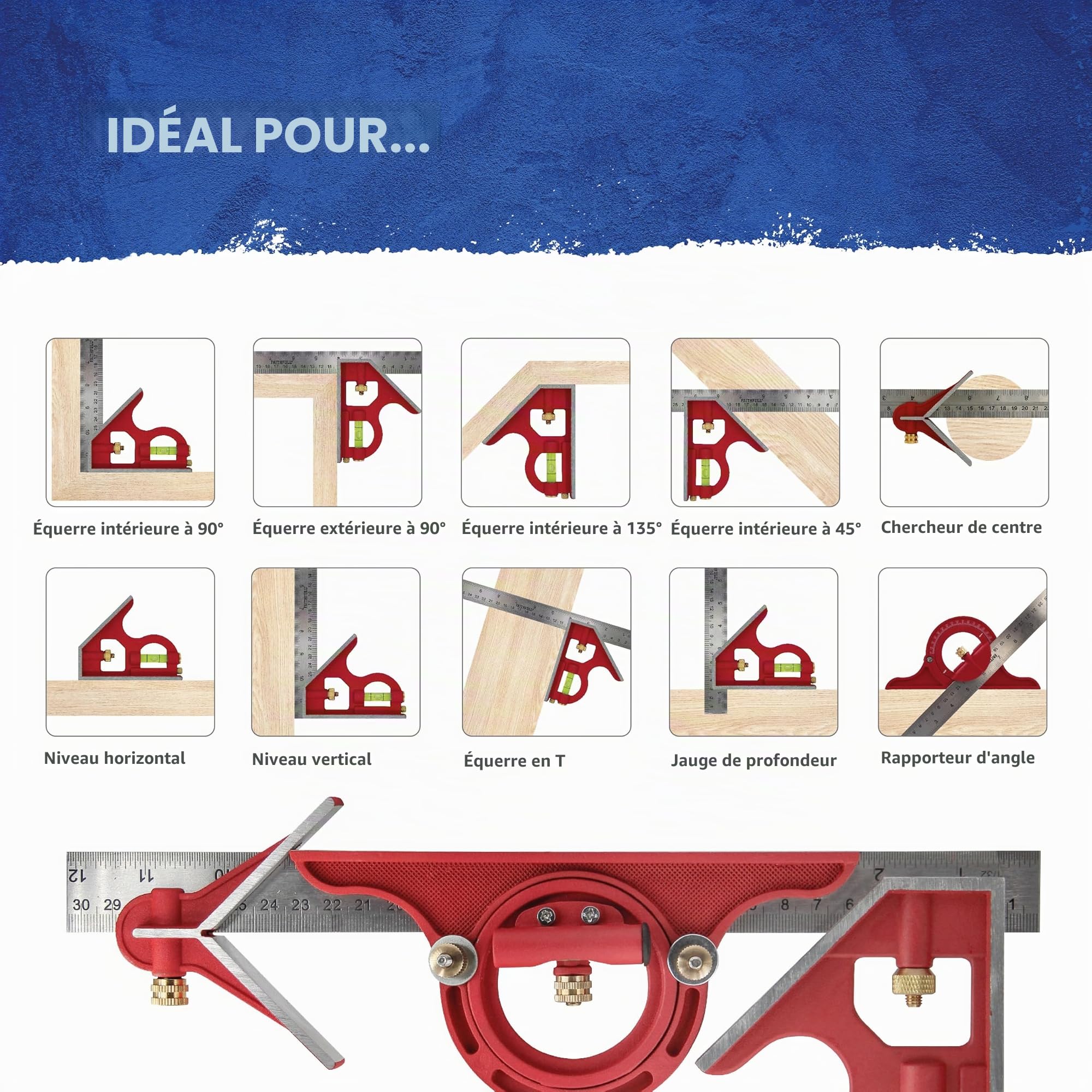 Équerre combinée Faithfull 300 mm (12 po) – Outil multifonction de mesure et de traçage avec rapporteur, centreur, niveau à bulle et règle en acier inoxydable pour le travail du bois et du métal