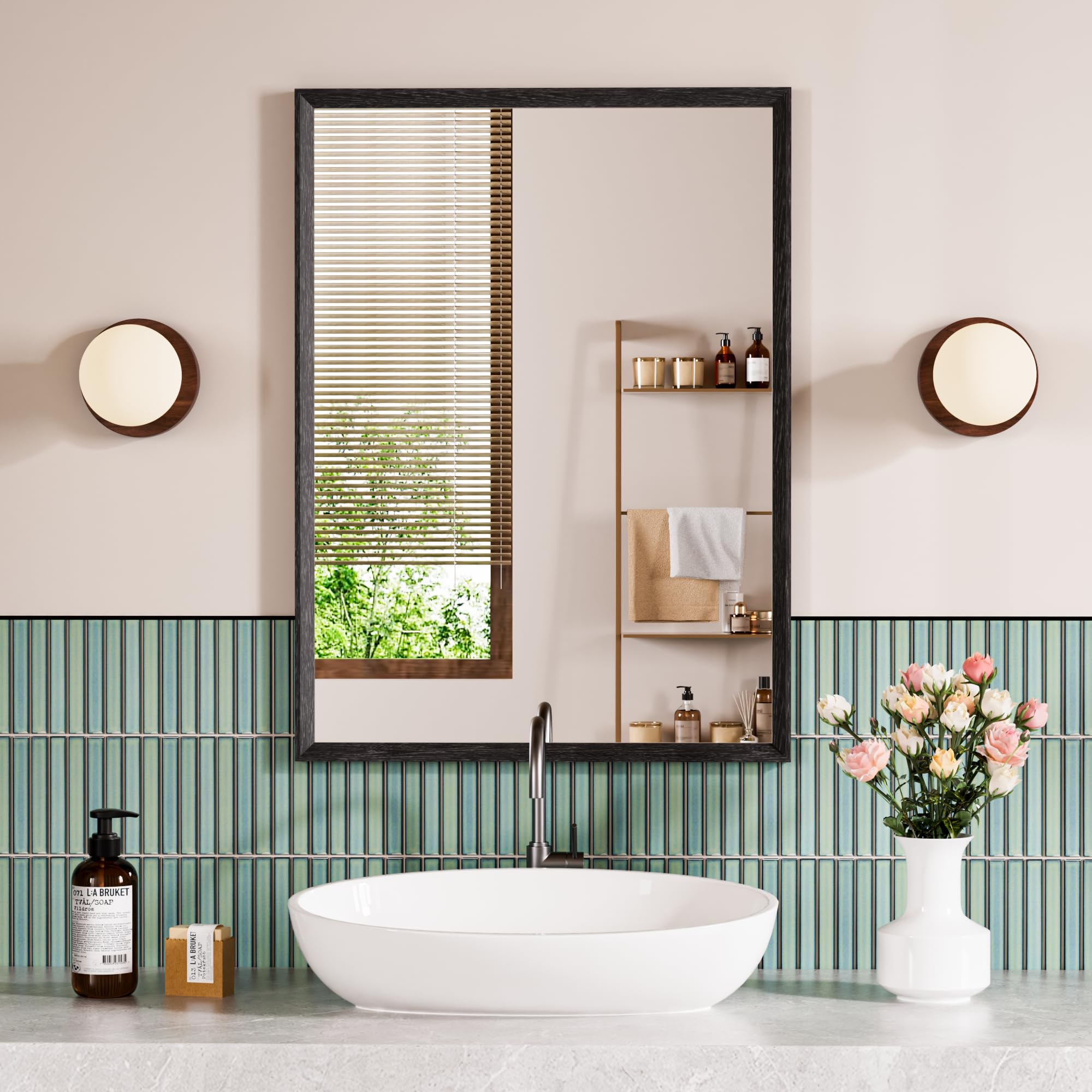 Snowdool Black Frame Wall Mounted Mirror, 56x76cm Rectangular Bathroom Mirror, Farmhouse Hallway With Tempered Glass, Hangs Horizontal or Vertical Decorative for Living Room, Bedroom, Dressing Room