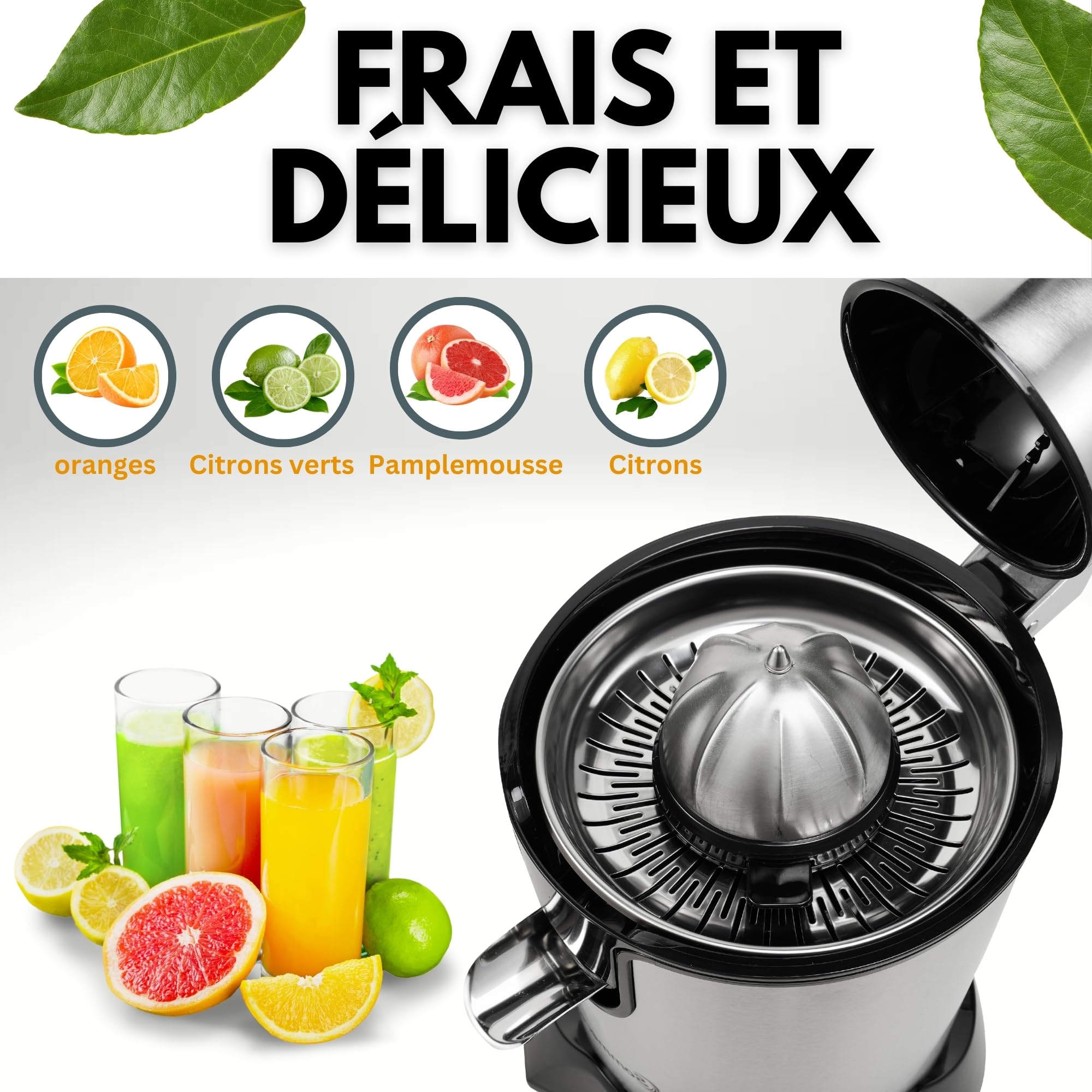 Sommertal CP850 Presse-agrumes électrique, moteur 850 W, haut rendement, en acier inoxydable, sans BPA, récipient à jus de 400 ml, 2 cônes, presse-citron, presse-agrumes, électrique, levier et