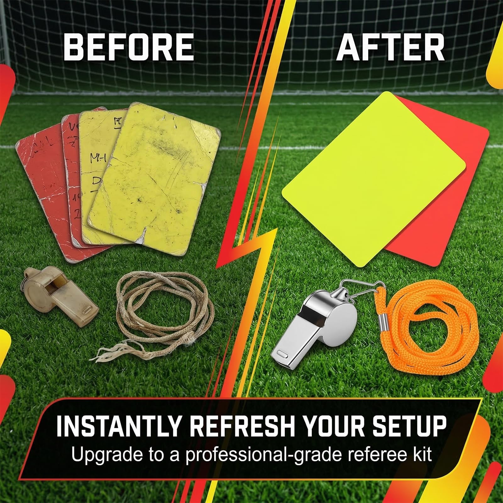 Kit de Árbitro de Fútbol con Tarjetas Roja/Amarilla y Silbato de Metal, Accesorios Árbitro para Deportes Escolares y Competiciones, Tarjetas con Cordón de Cuello