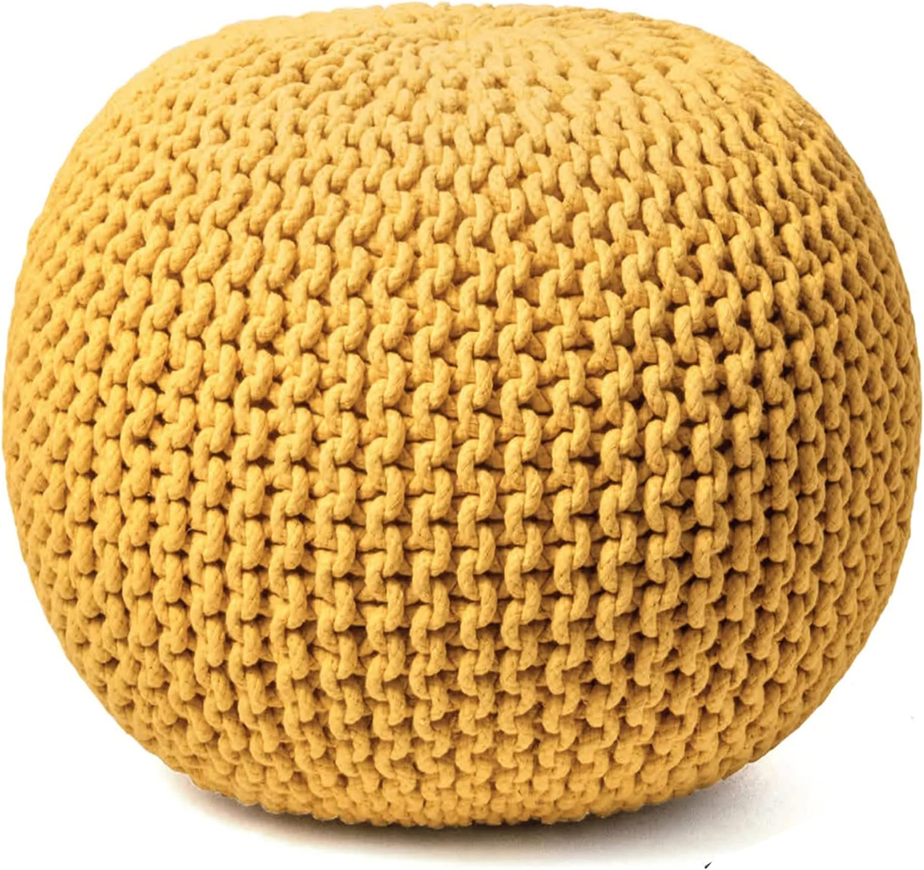Fernish Décor Round Pouf Ottoman Hand Knitted Cotton Pouf Footrest,Foot Stool, Knit Bean Bag Floor Chair for Bed Room Living | Room | Accent Seat (20x20x14 Inch, Yellow)