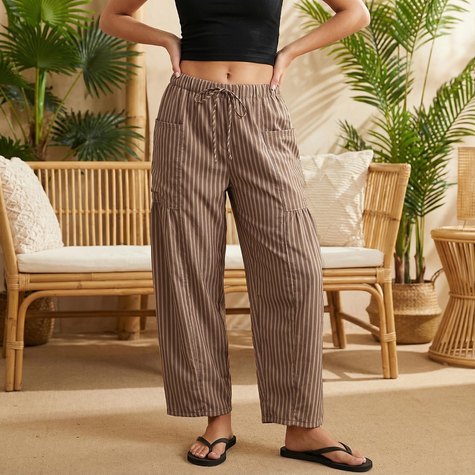 Sexy Outfit Pantalon Sarouel rayé en Coton et Lin pour Femmes, Ample, Jambes Larges, Cordon de Serrage, Pantalon de Plage avec Poches, vêtements de détente d'été