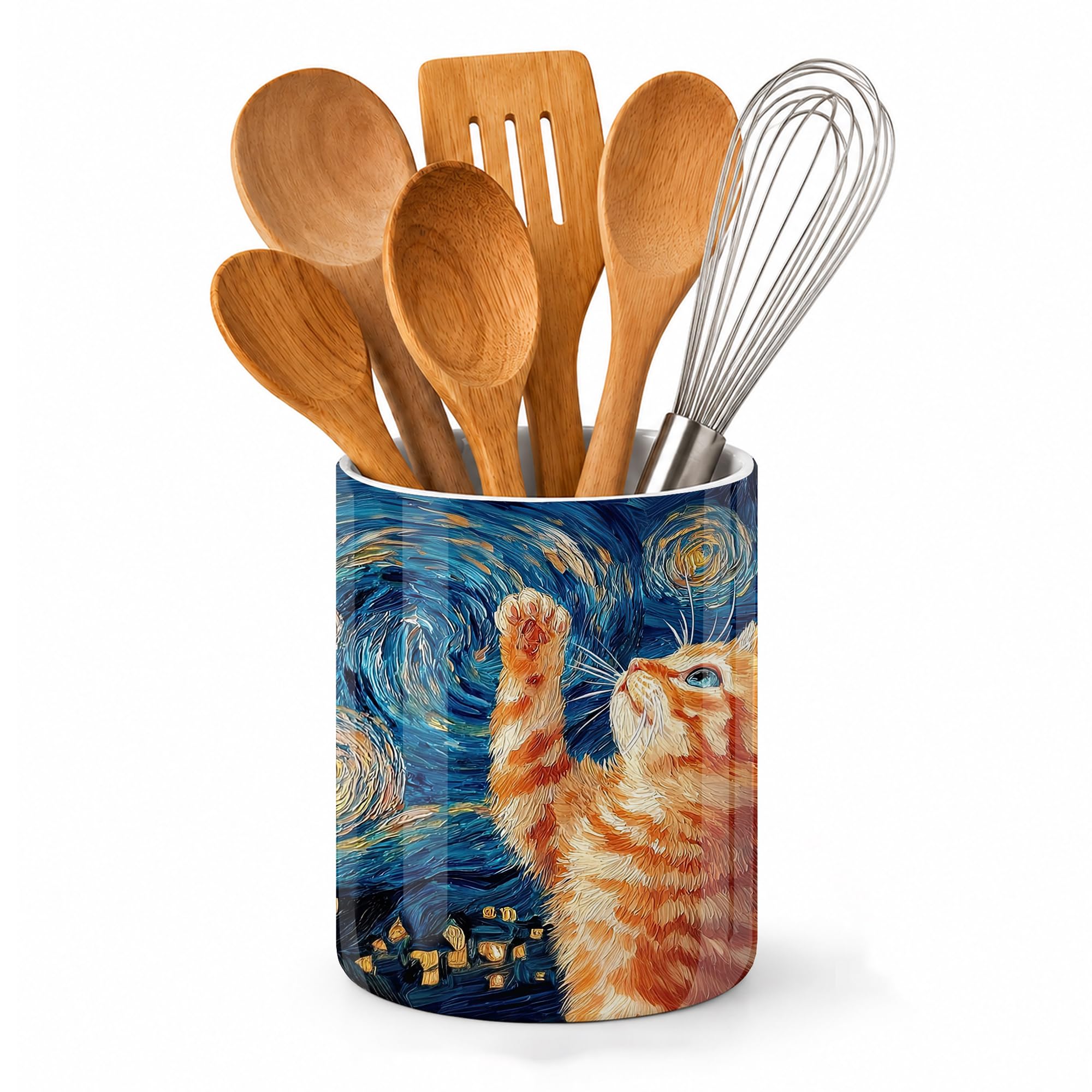 Axxitude Starry Night Cute Cat Starry Night Kitchen Utensil Holder,Cute Cat Large Ceramic Utensil Crock For Countertop,Cooking Utensil Organizer For Spatulas,Spoons