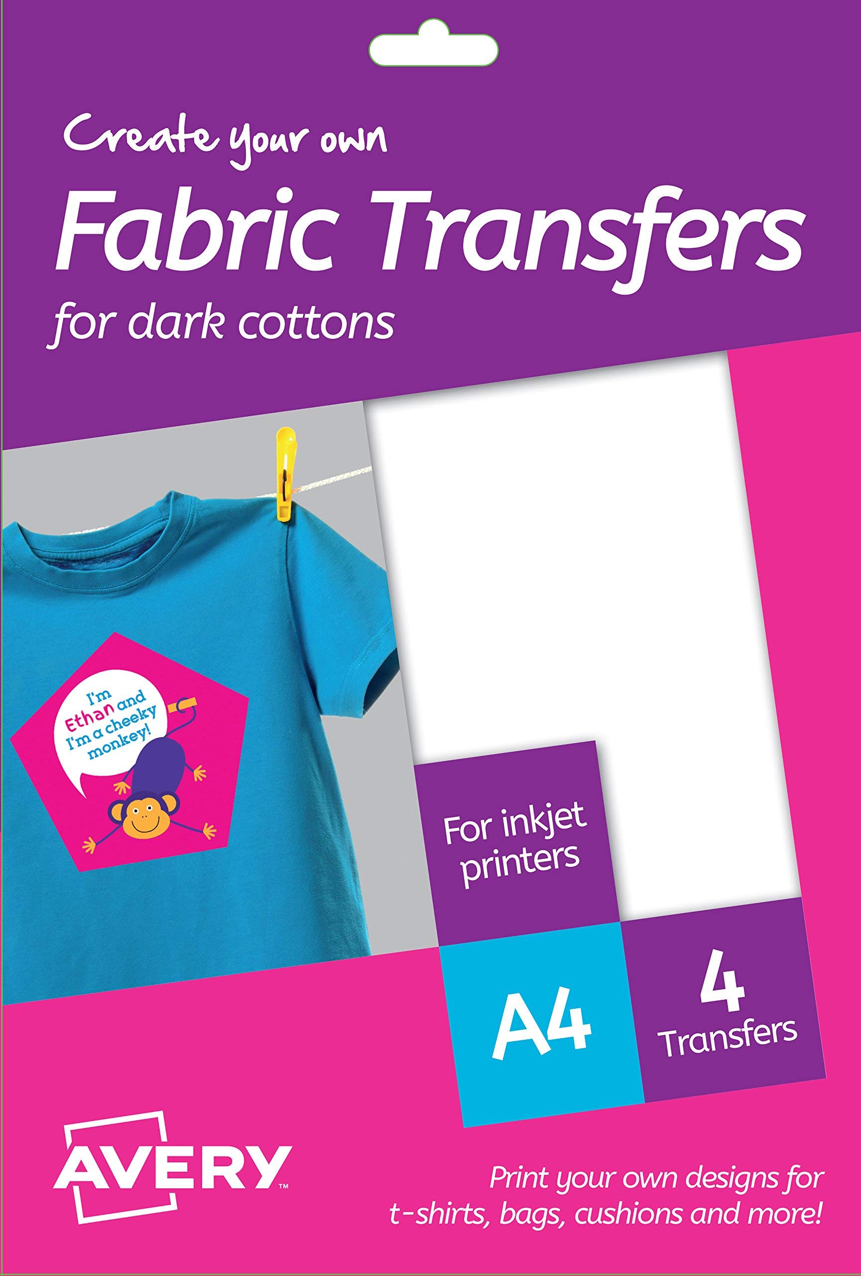 Avery Zweckform MD1003 Printable Fabric Transfers For Dark Cottons, 1 transfer Per A4 Sheet, white