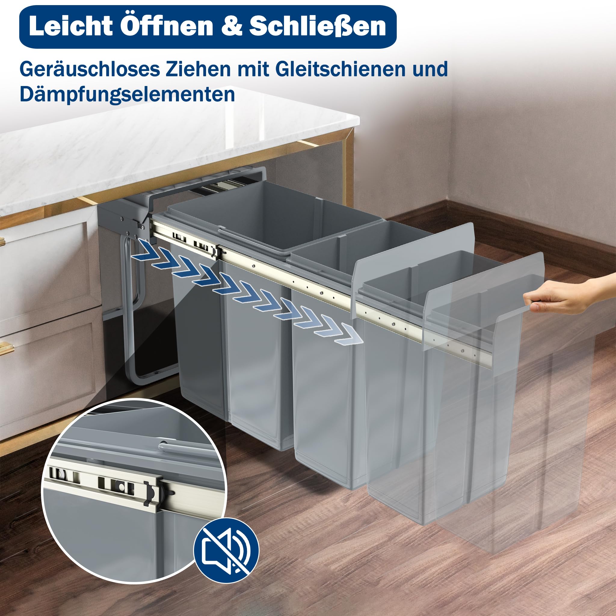 UISEBRT - Cubo de basura de cocina con cajón, cubo de basura empotrado, sistema de separación de basura con tobogán, plástico, gris【1x20L+1x10L】