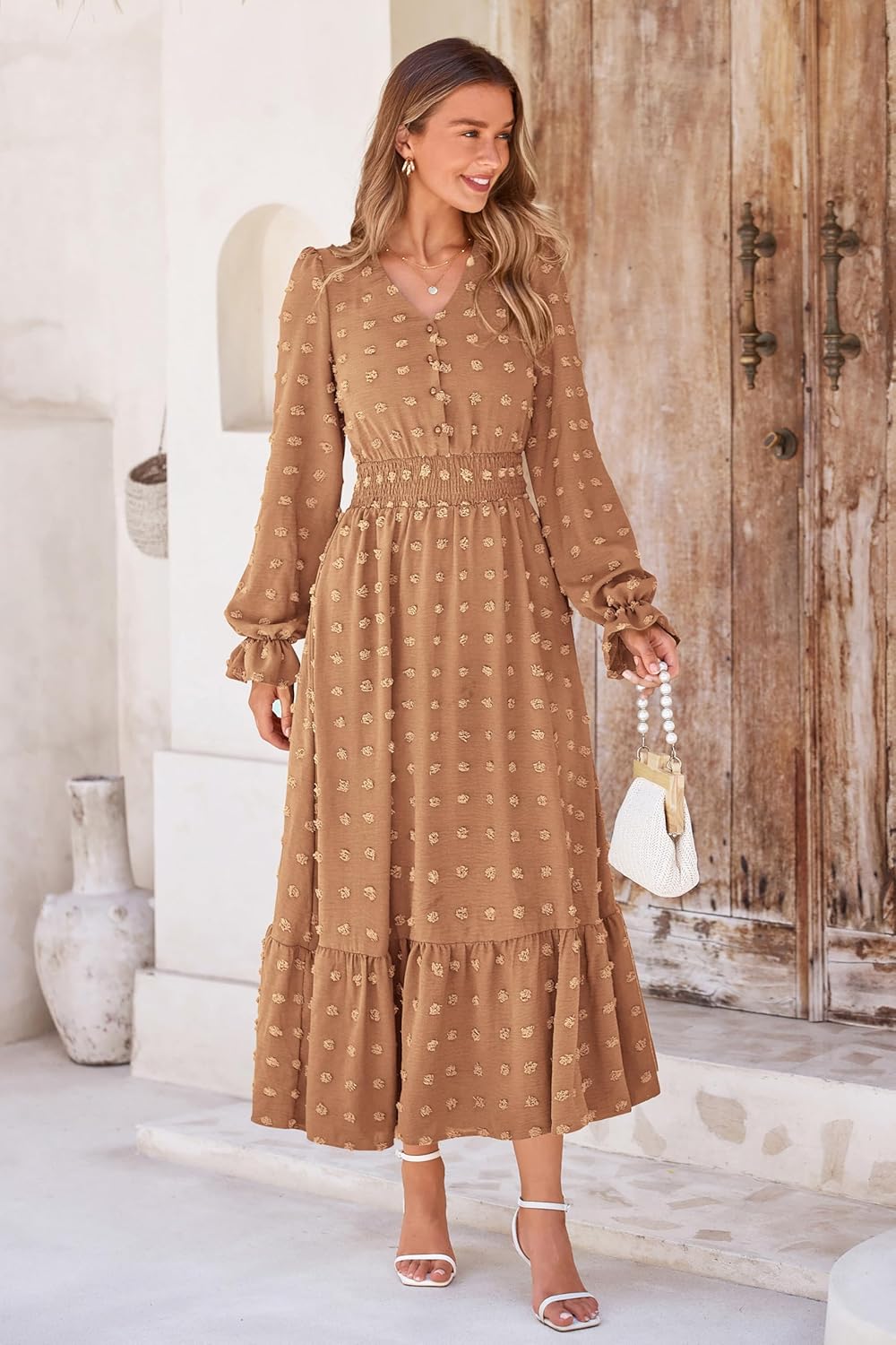 MASCOMODA Women Maxi Dress 2025 Fall Long Sleeve V Neck Swiss Dot Boho Smocked High Waisted A-Line Tiered Flowy Long Dresses - Image 3