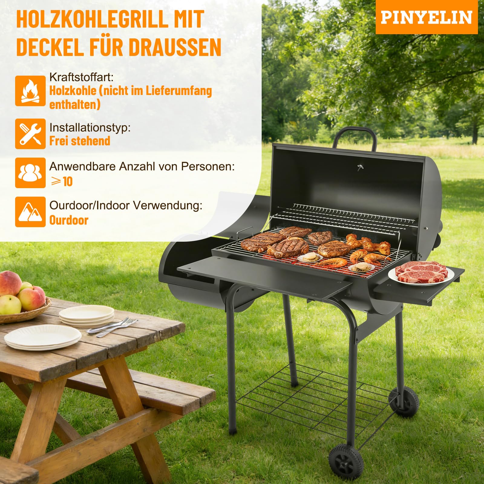 Grill na węgiel drzewny z pokrywką do użytku na zewnątrz, duża powierzchnia grillowania, ruszt kempingowy, grill ogrodowy, grill stojący z pokrywą, dla 10 osób, do ogrodu, na taras, kemping