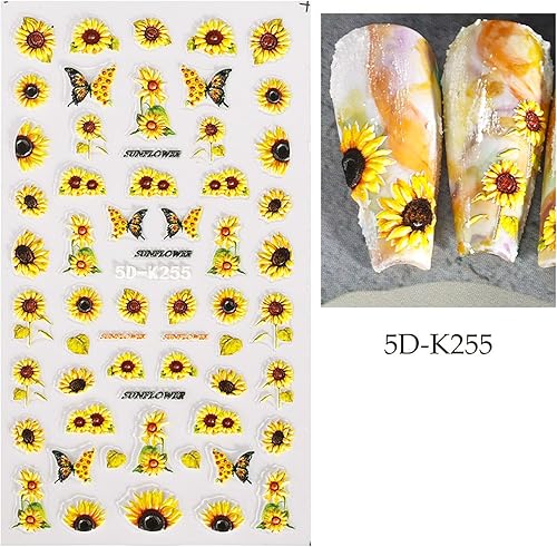 Miniatura 3 de Calcomanías de arte de uñas de girasol en relieve 5D, calcomanías autoadhesivas para uñas de flores grabadas florales de verano, calcomanías de uñas