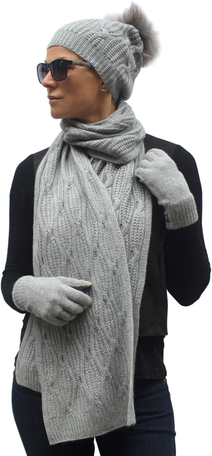 Women's 100 Cashmere Cable Knit Scarf, Pompom Hat And Gloves Set for Winter Extra Warm Women's 100 Cashmere Cable Knit Scarf, Pompom Hat And Gloves Set for Winter Extra Warm