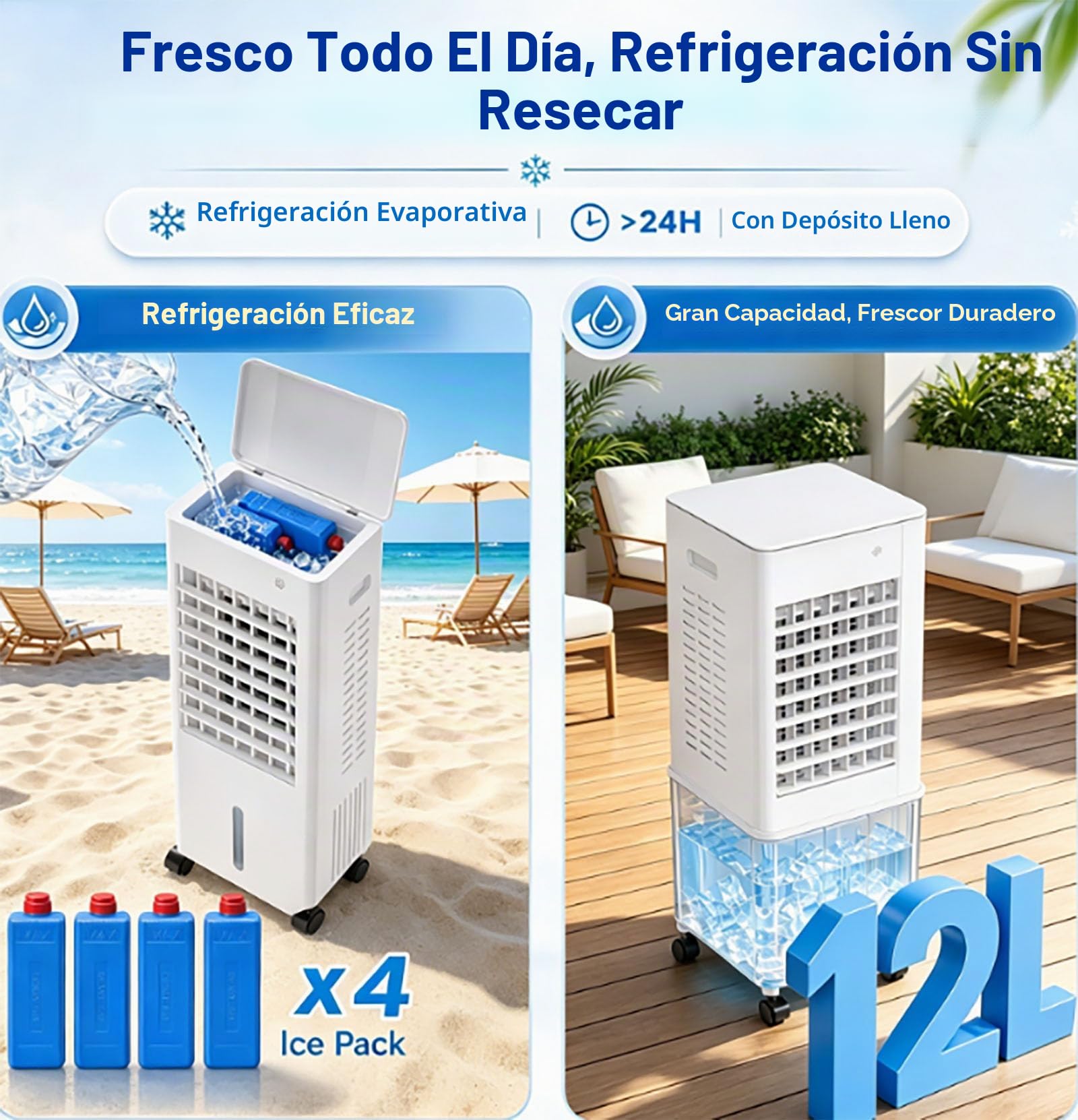Aire Acondicionado Portátil 4 en 1 12L sin Tubo con 4 Hielos | 3 velocidades, temporizador silencioso 7,5 h, humidificador y purificador con mando a distancia para hogar, dormitorio