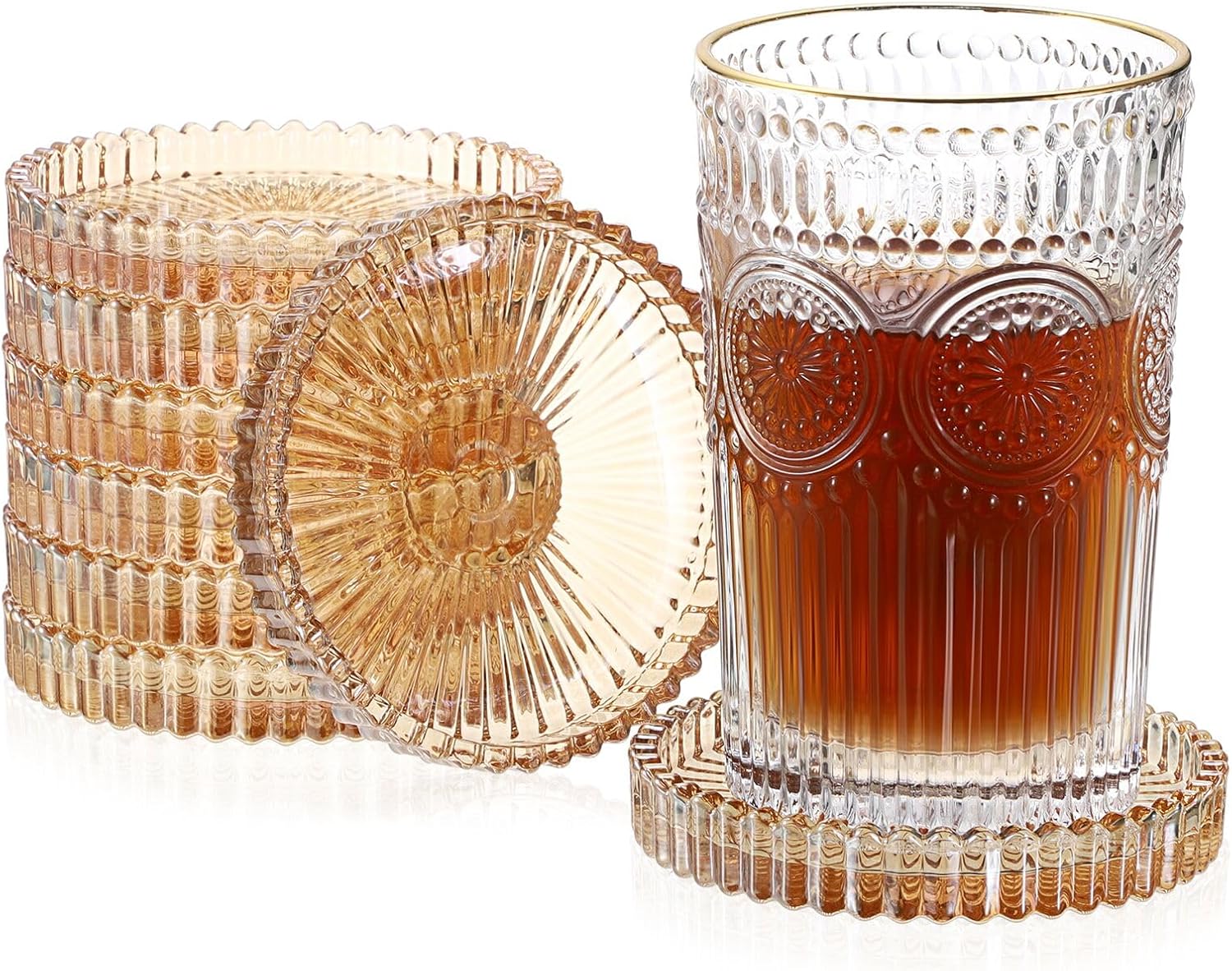 JUXYES 8 Pack Amber Tone Crystal Coasters Round Cup Mat, Glass Coasters for Drinks Coffee Tea Wine, Decorative Wine Bottle Coaster, Crystal Drink Coasters for Restaurant bar Kitchen Dining Table