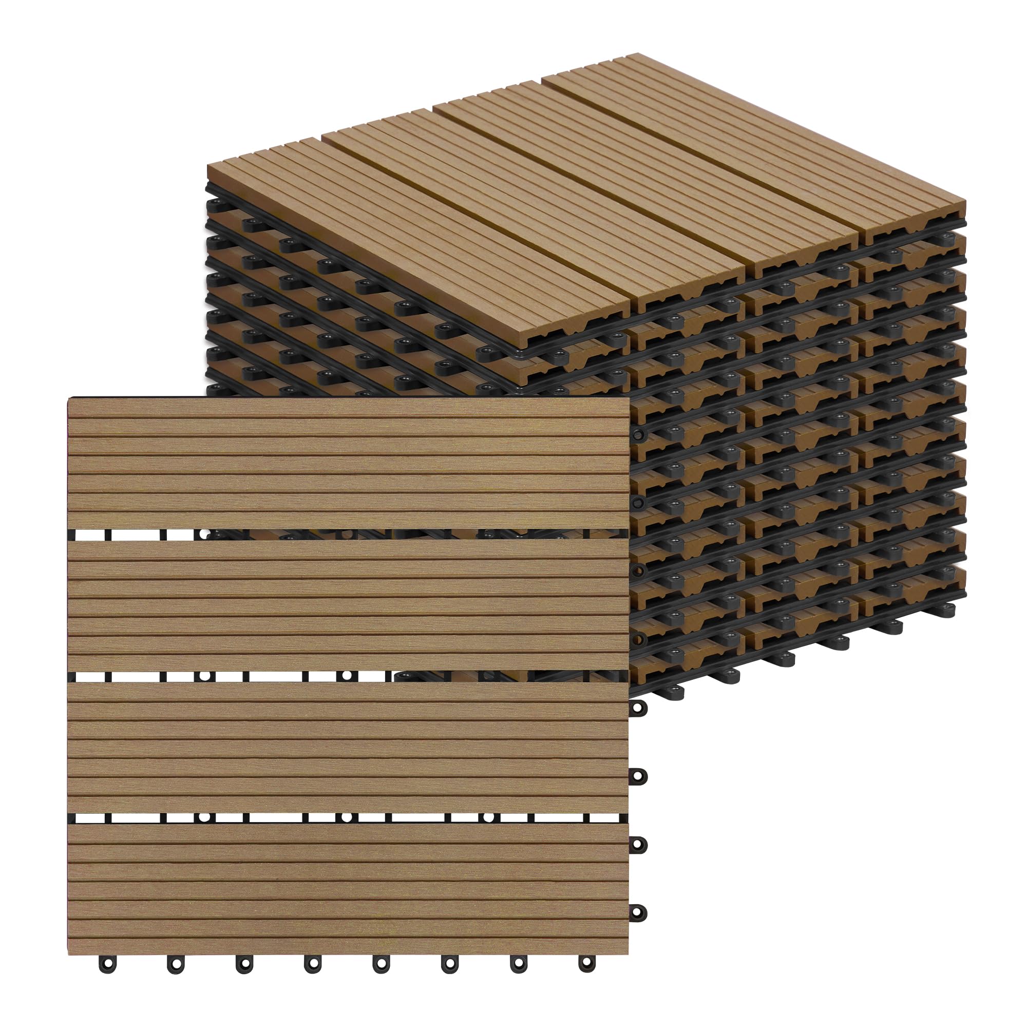 Laneetal Lot de 11 Carreaux de Terrasse à Lattes en WPC, Dalle de Terrasse Clipsable en Composite à Emboîtement, Carreaux Extérieur pour Jardin, Patio, Balcon, 30x30cm, Brun clair