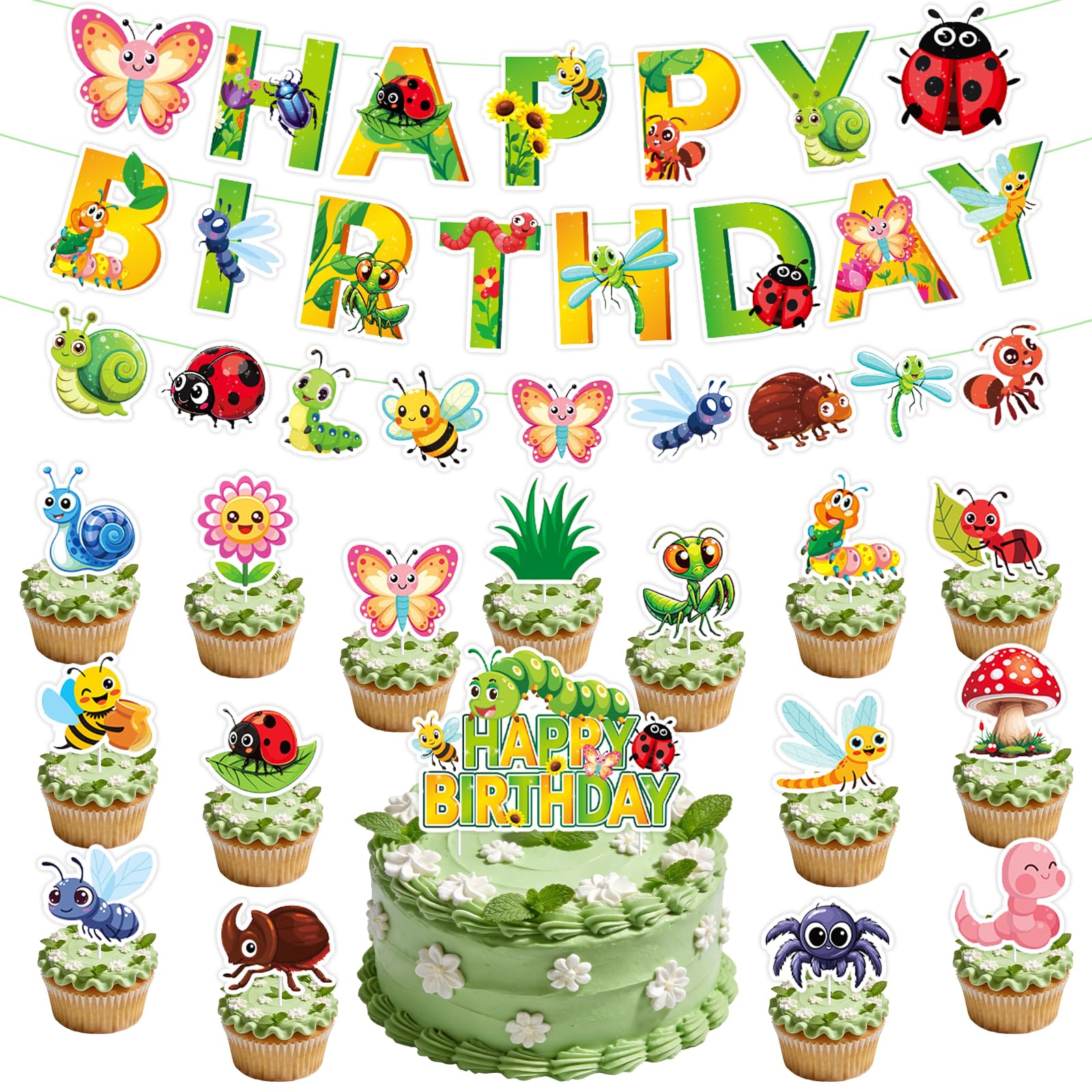 Bug Birthday Party Decorations,Insect Happy Birthday Banner Bee Butterfly Ladybug Snails Bunting Banner Cake Topper Cupcake Decoration Set for Boys Girls Forest Spring Sunmmer Party Supplies