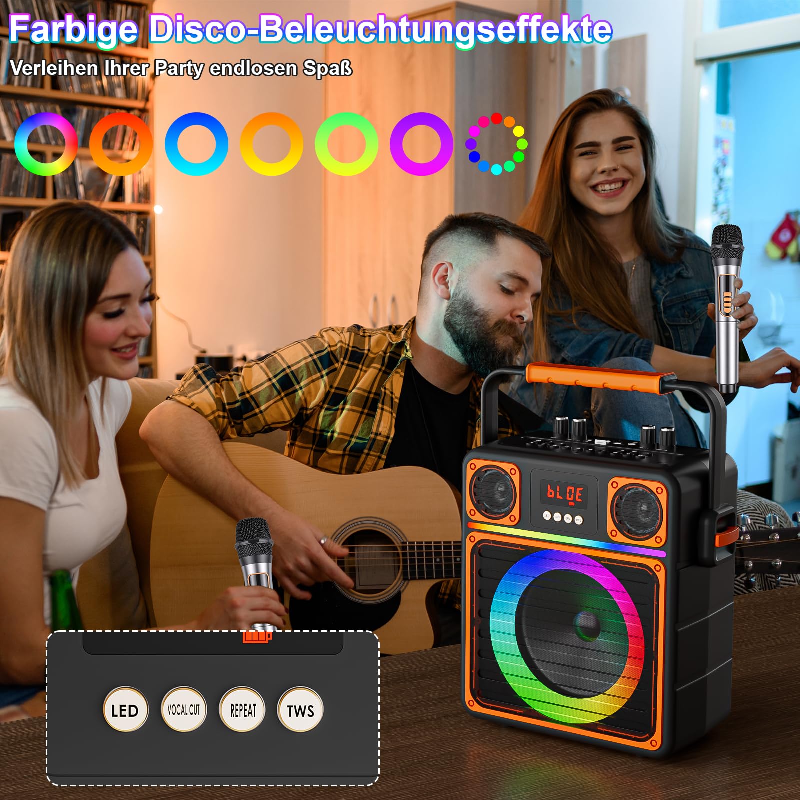 Karaoke Maschine mit 2 Mikrofone, GuKKK Tragbaren Bluetooth Lautsprecher Box und DJ-Lichtern für Erwachsene und Kinder, Karaoke Anlage Unterstützt TF/USB, FM, AUX in, TWS für Party, Geburtstag, Reisen