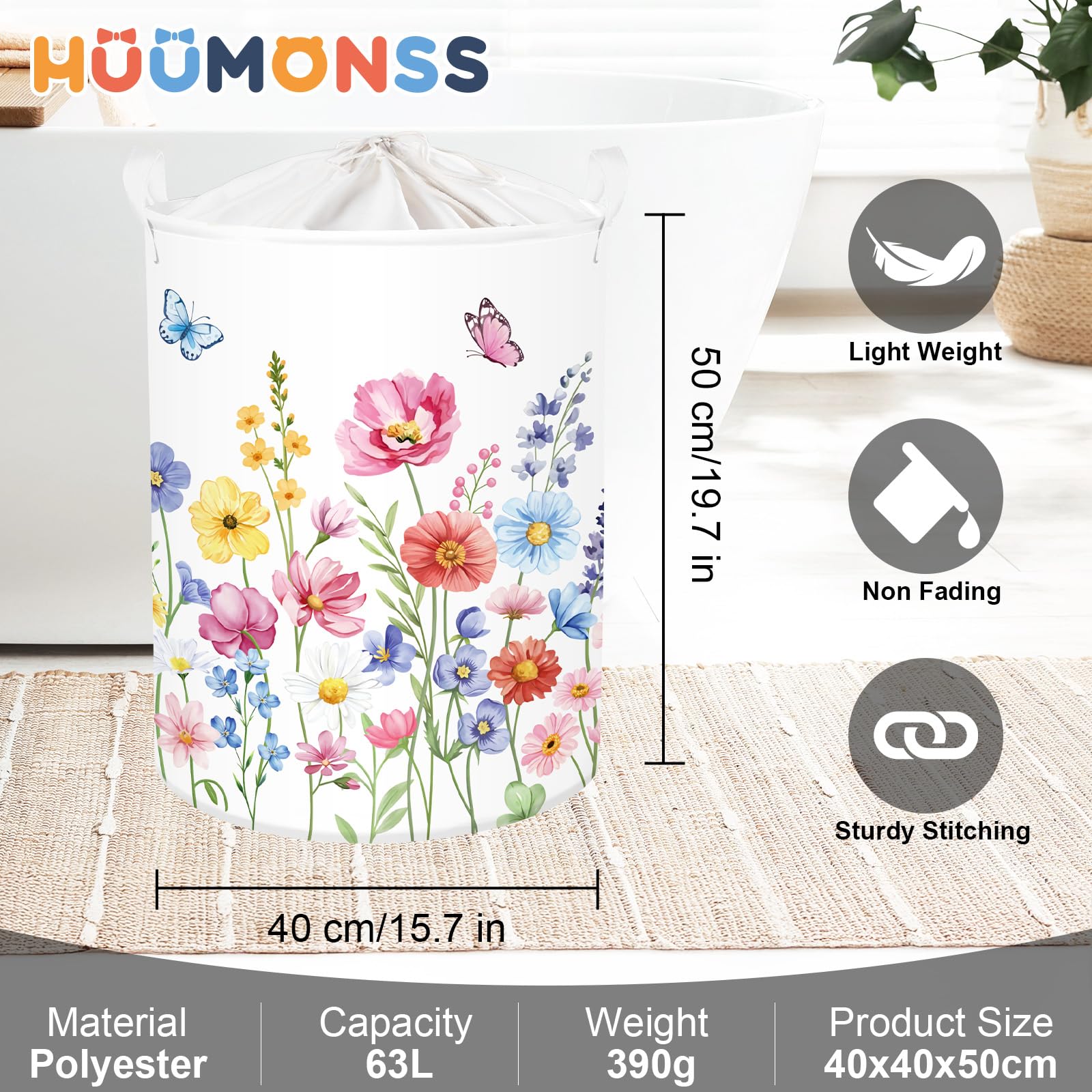 Cesto per la Biancheria Grande con Fiori, Bellissimo Cesto di Stoffa per la Primavera, Contenitore per Vestiti e Giocattoli per Uso Domestico, Rosa-Viola, 63L