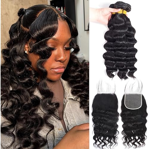 Loose Wave Bundles Human Hair with 5x5 Closure, (14 16 18+12) 12A 100% Real Human Hair Loose Deep Wave Bundles with Closure 5x5 Natural Color Unprocessed Brazilian Virgin Human Hair Extension