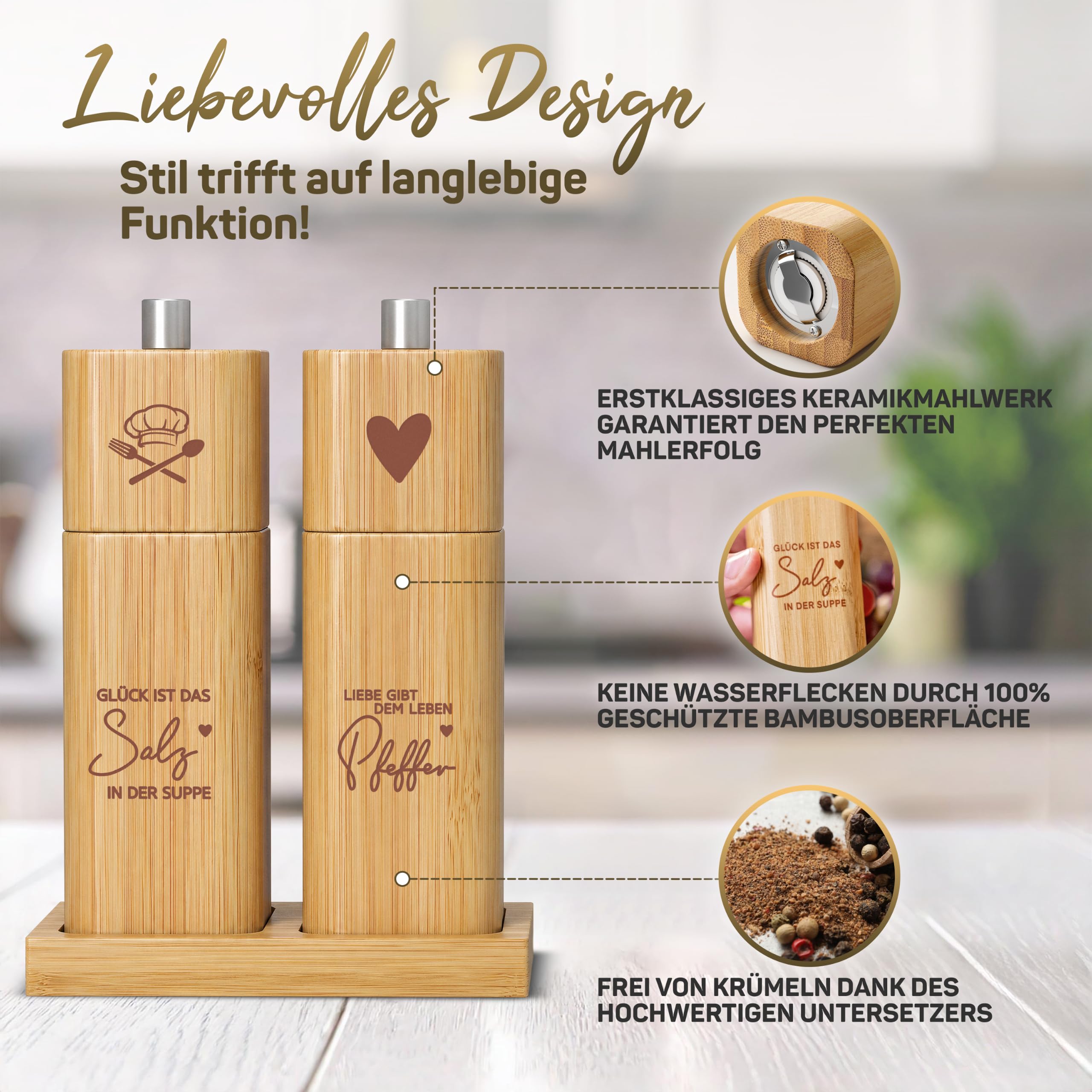 ELBFUCHS® Salz und Pfeffermühle Holz Groß [PERFEKTE GESCHENKIDEE] Liebevolles 2-er Set Pfeffer und Salzmühle mit Keramikmahlwerk | Ideal für Hölzerne Hochzeit Geschenk Einzug, Polterabend