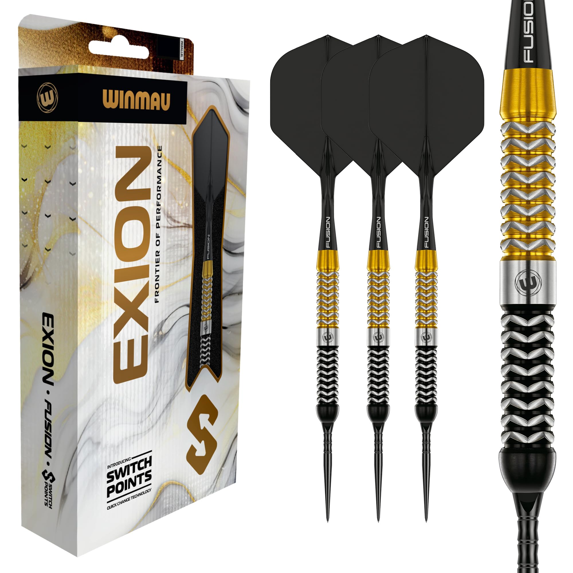 Winmau Darts - Exion– Professional 90% Tungsten Darts Set | Switch Point Tech | Onyx & Gold Parallel Barrels | 2X Interchangeable Points (Wave &