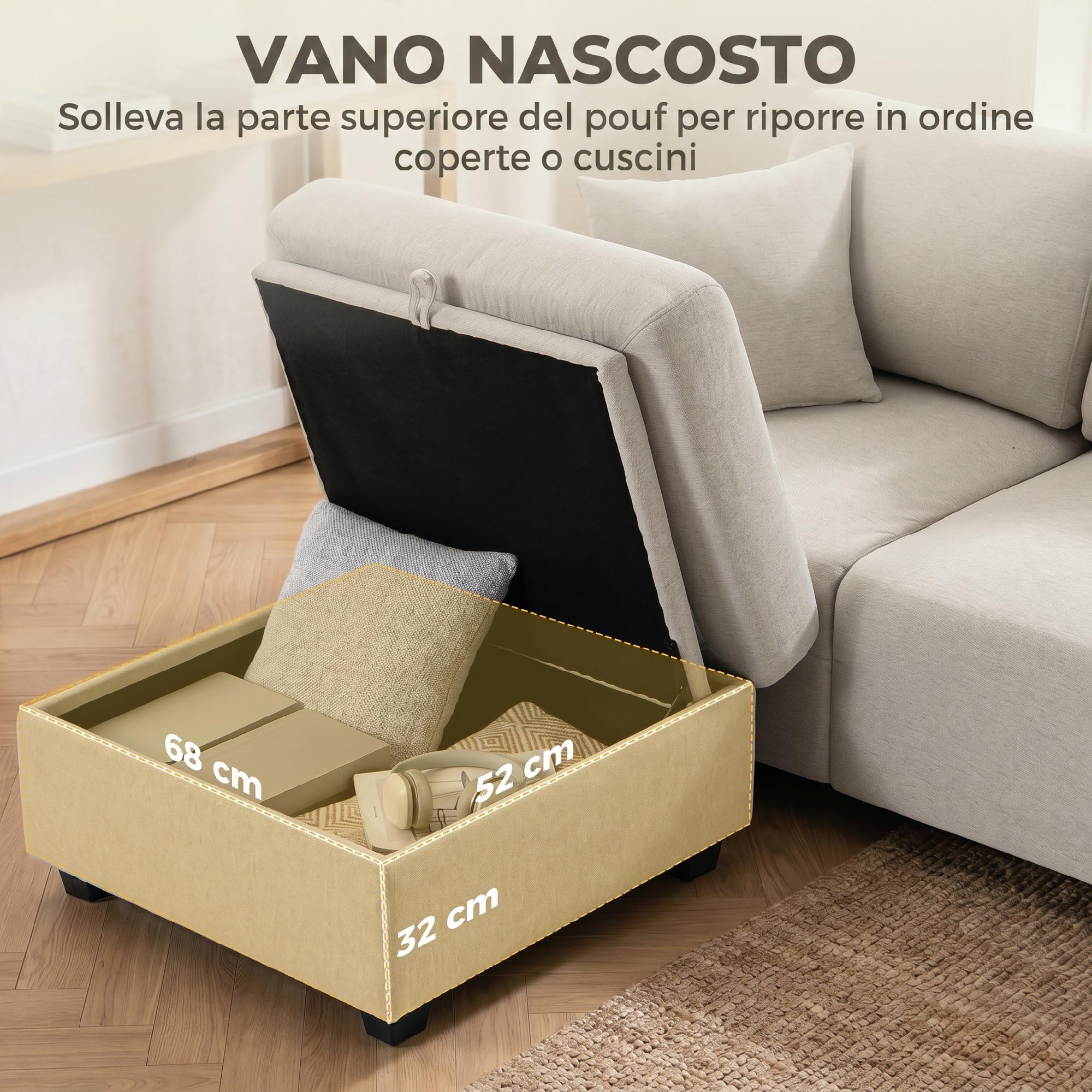 HOMCOM Divano Angolare 3 Posti Modulare in Lino, Seduta Spessa, Beige | Divano ad Angolo, Contenitore, Poggiapiedi Rimovibile, Cuscini, Divano a L Reversibile per Salotto, 235x80x85 cm