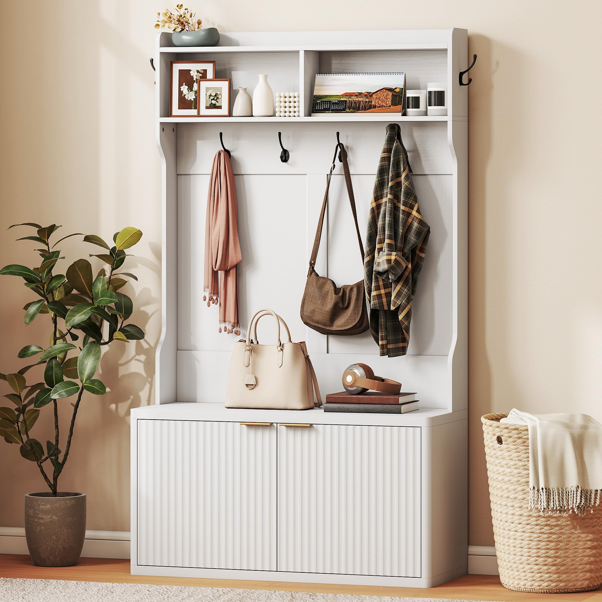 HOMCOM Perchero Zapatero con 2 Puertas y 6 Ganchos 100x38x172 cm Blanco | Perchero Recibidor Entrada, Estantes Abiertos, para Abrigos Pasillo Dormitorio Salón, Estilo Moderno