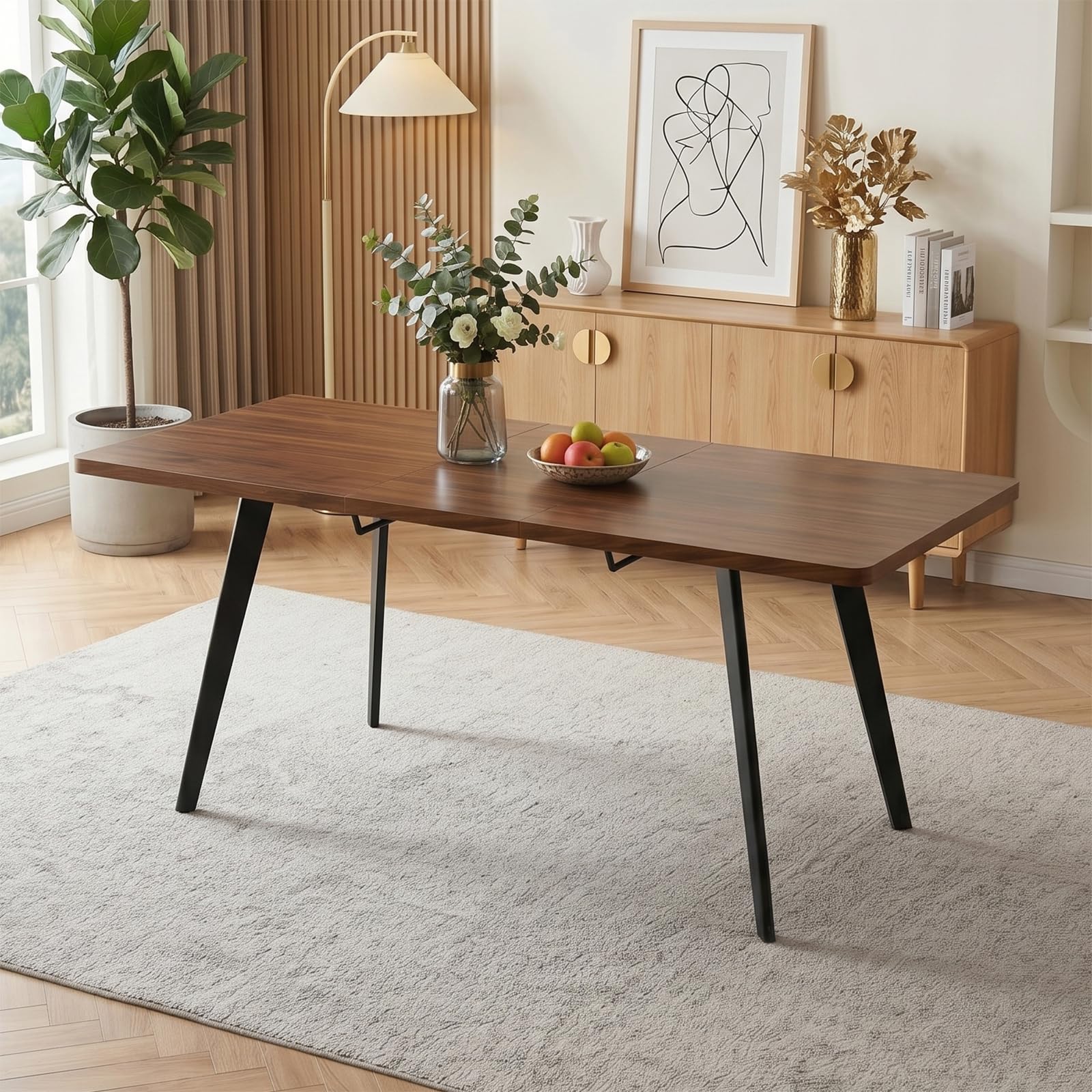 JIEXI Ausziehbares Esstischset mit 6 Stühlen, platzsparender Tisch aus MDF-Holz und stabilem Metallgestell, perfekt für Esszimmer, Küchen und Wohnungen – Tisch aus Eiche + Stühle aus grauem Samt