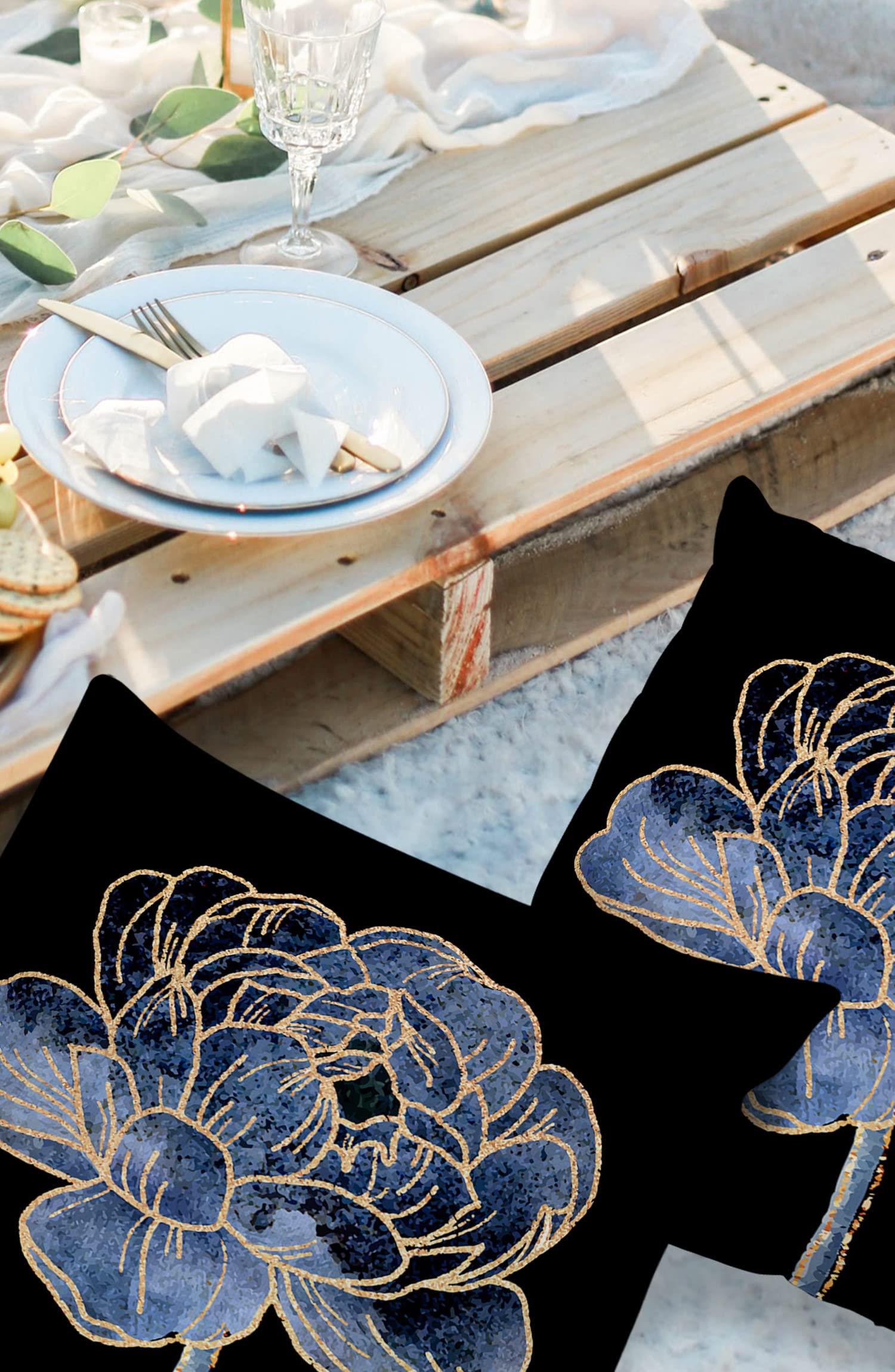 Outdoor Pillow Covers Waterproof, Blue Floral with Golden Line All Weather Cushion Case Set of 2, Abstract Art Flowers Black Decorative Pillowcases for Sofa Couch Bed Decor Patio Furniture 16