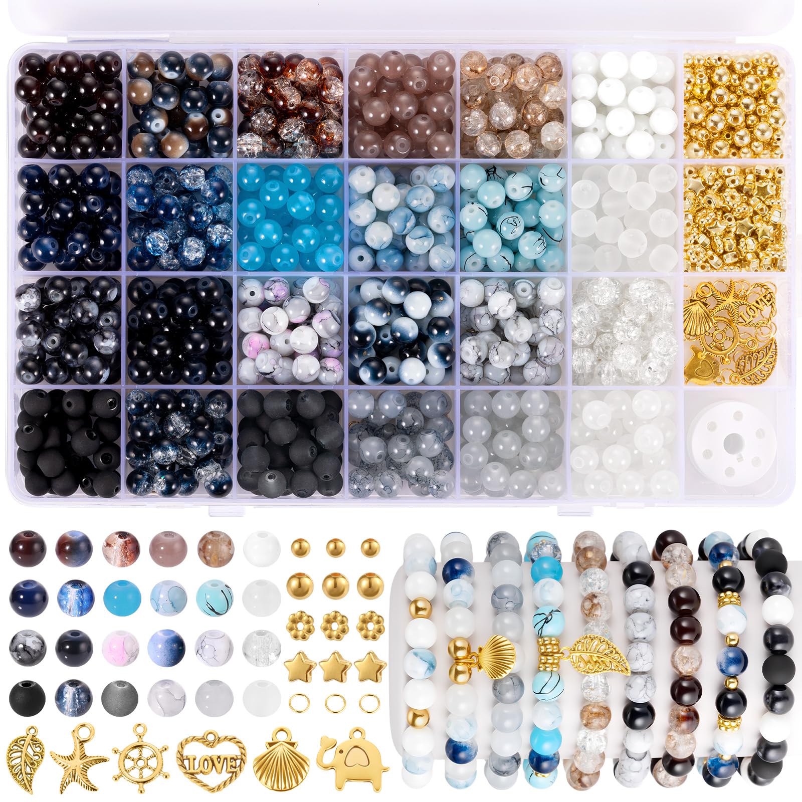 Funtopia 8mm Glass Beads, 992 Pcs Neutral Bracelet Making Kit, 24 Colors Round Assorted Glass Beads for Jewelry Making and DIY Crafts with Spacer Bead and Charms