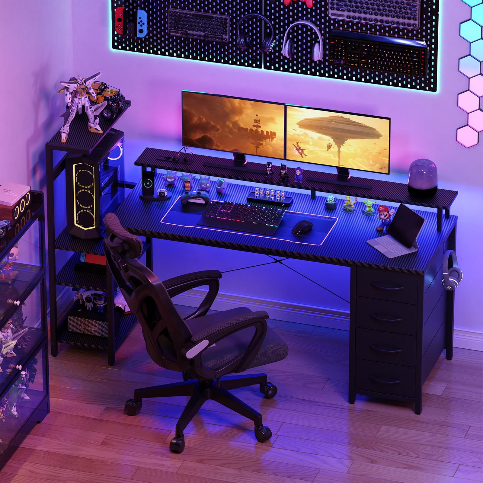 YOUDENOVA Table de Jeu avec éclairage LED et Prise, 150 x 50 cm, Bureau d'ordinateur avec tiroirs, Fibre de Carbone, Noir