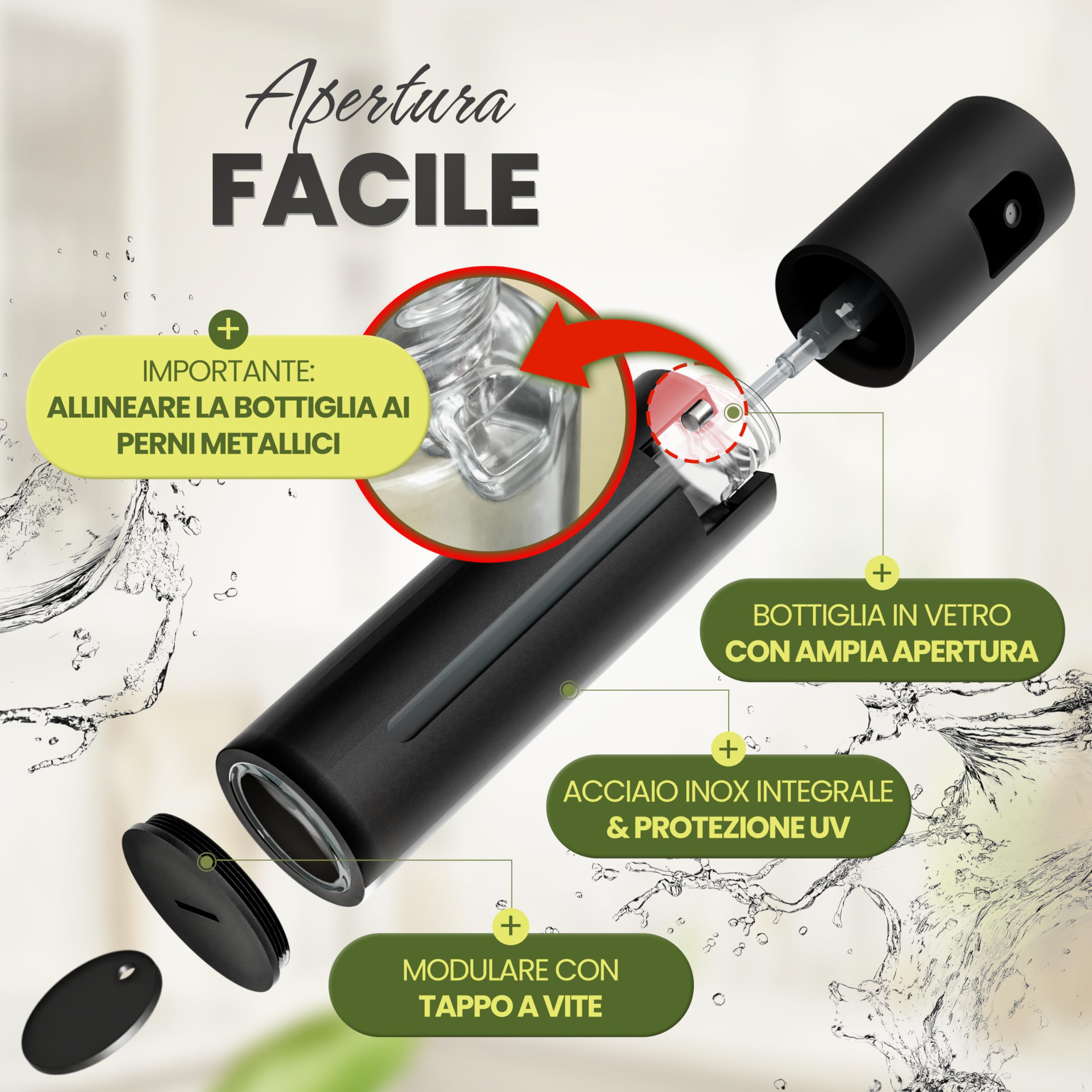 Leisure Life® | Spruzzatore olio premium 2.0 – acciaio pieno 100 ml | protezione UV, senza BPA, lavabile in lavastoviglie | nebulizzazione uniforme | per cucina, barbecue e airfryer