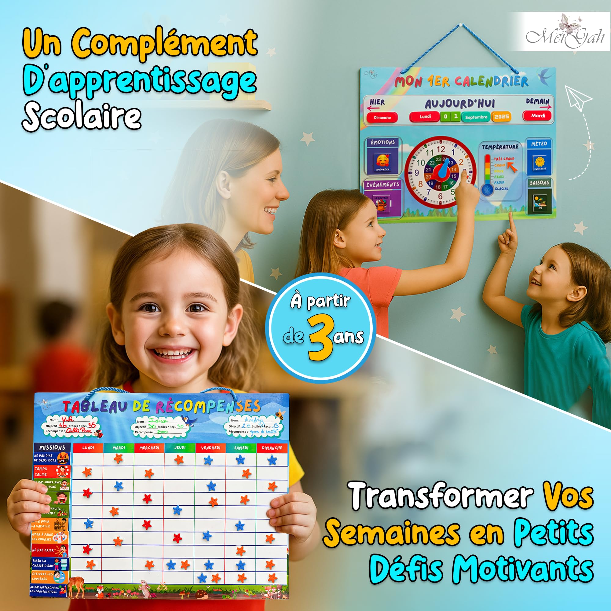 MEIGAH Tableau de Recompense Enfant + Calendrier Éducatif – Autonomie, Routines & Comportement Positif – 160 Magnets & 300 Étoiles - Organisation, Confiance en soi & Apprentissage ludique