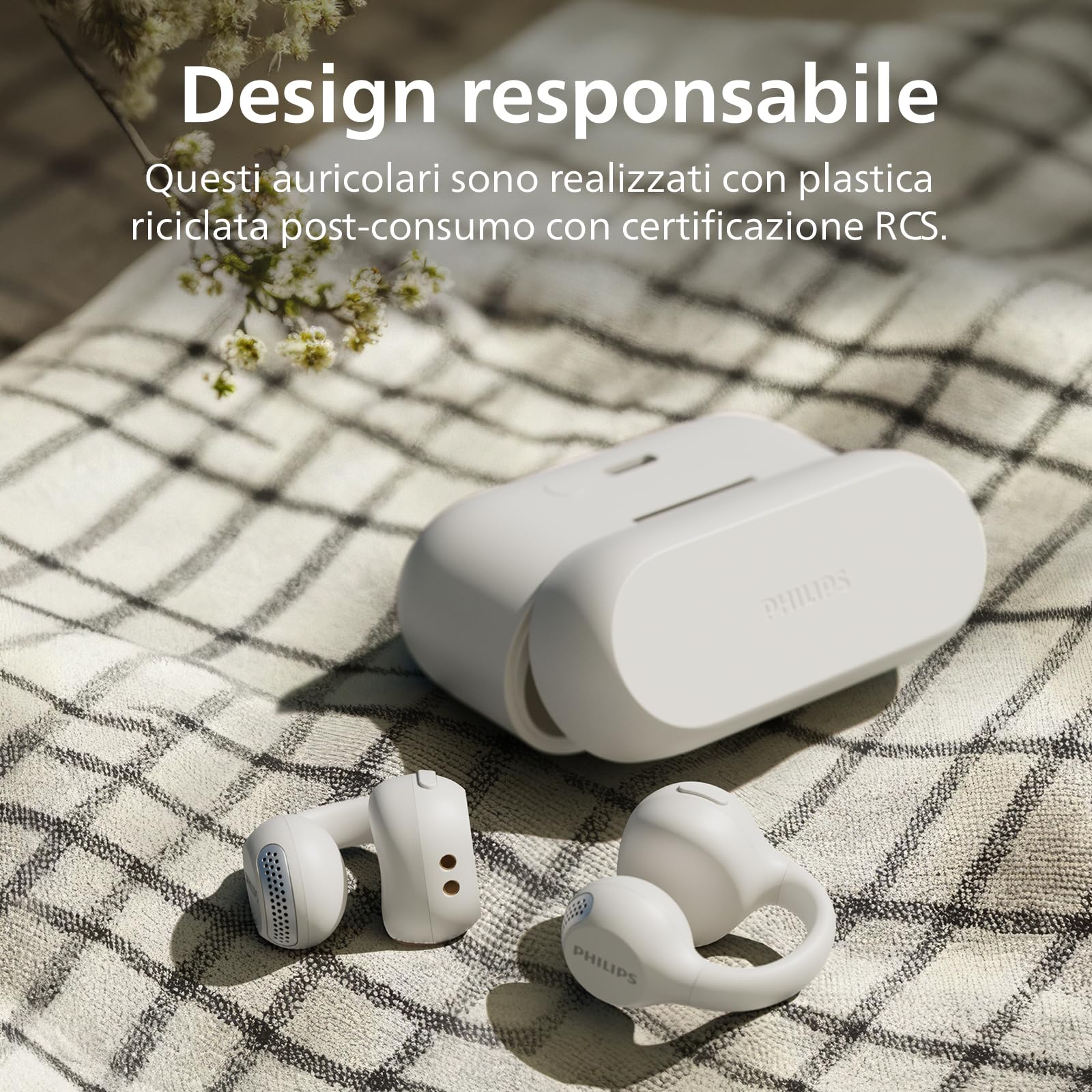 Philips TAQ2000WT auricolari ear-cuff True Wireless open-ear Multipoint Bluetooth - 28 ore di riproduzione, Ricarica tascabile, Chiamate chiare per spostamenti ed allenamento - Bianco