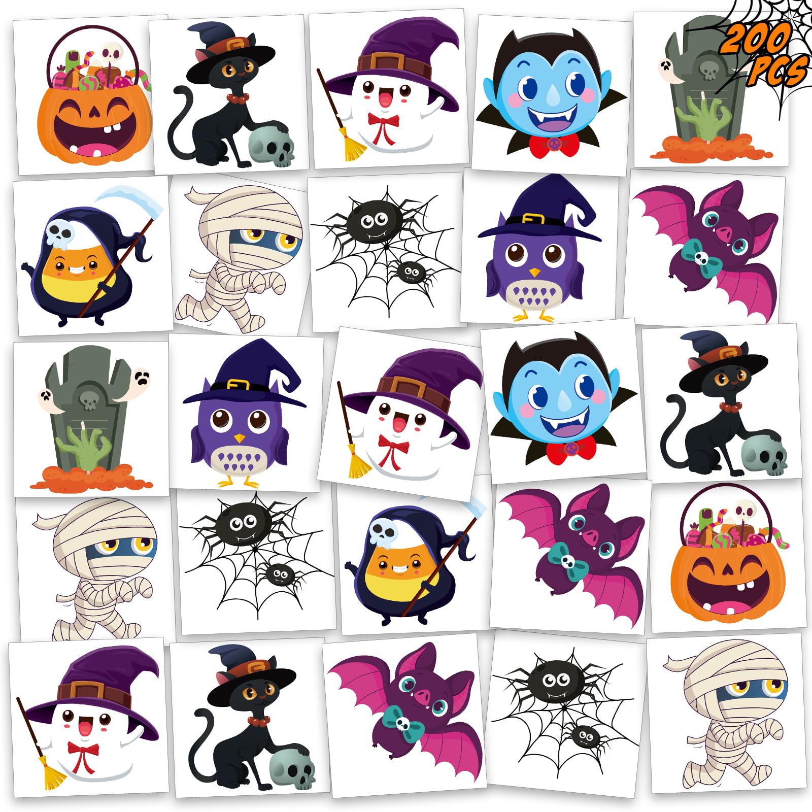 200 Pieces Halloween Temporary Tattoos for Kids — Halloween Party Favors , Trick or Treats for Party Supplies Favors, Goodie Bags, Halloween-Themed Prizes Assorted Gifts (1.89" x 1.89", 10 Designs)