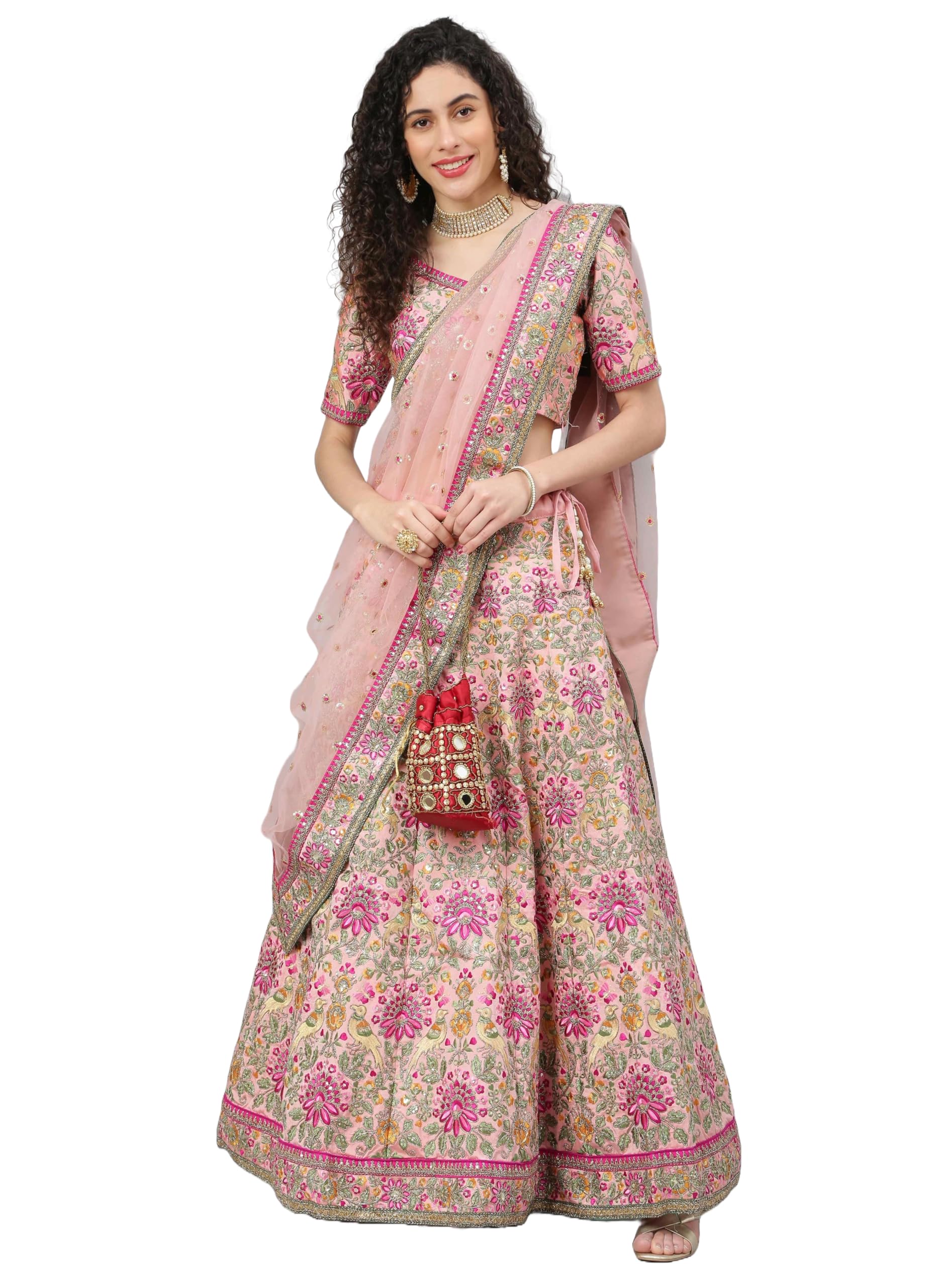 Elegant Thread Embroidery Silk Lehenga Choli for Women Semi-Stitched Bridal Set-image-34