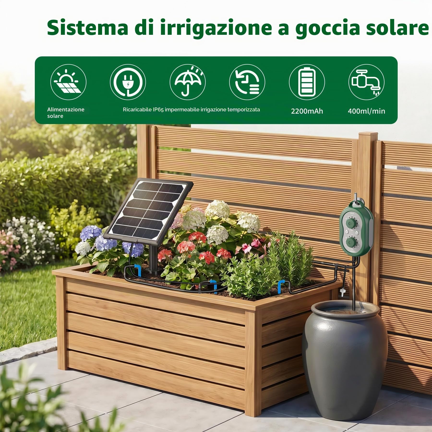 Kit di Irrigazione Solare Automatica Giardino con Controllore, Ricaricabile Irrigazione a Goccia Automatica 132 Modalità Kit Irrigazione Solare Orto per Giardini, Balconi, Piante in Vaso