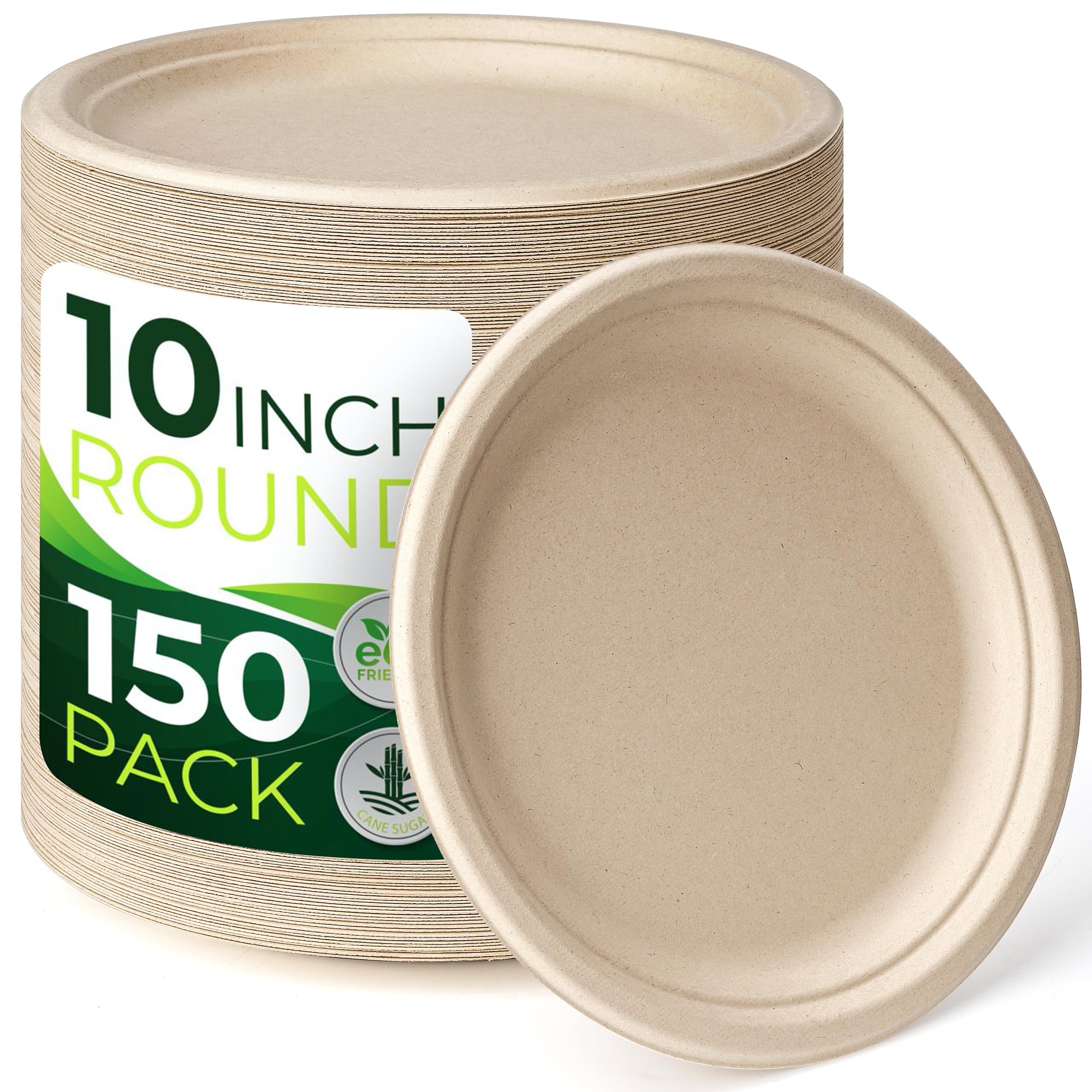 BIRCHIO 150 pcs 100% Compostable Brown Paper Plate 10 inch Heavy Duty