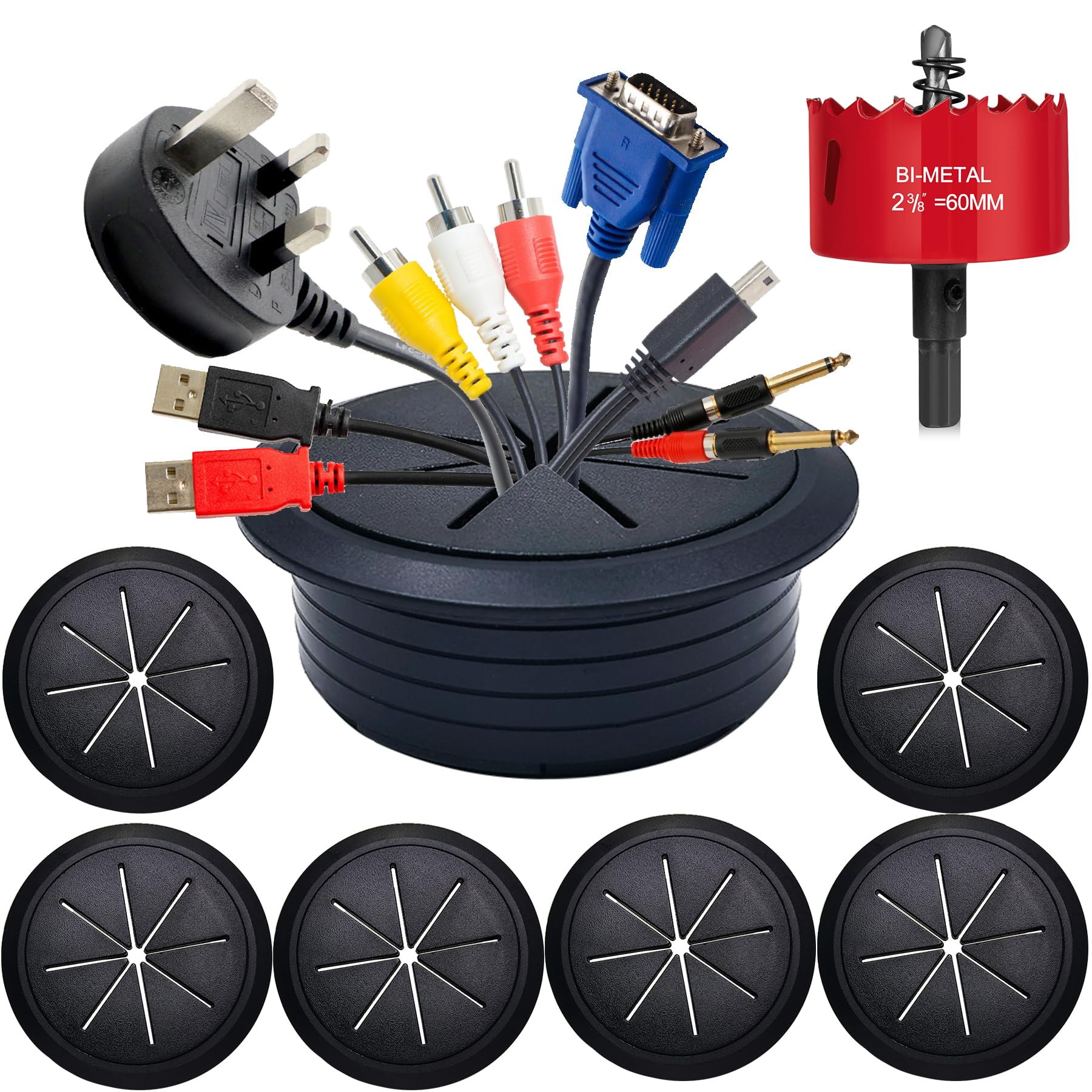 RONGWI 6PCS Desk Grommet,2-3/8""(60mm) Desk Hole Cover for Cables,Wire Hole Cover for Desk with Hole Saw,Office and Home Table,Desktop Equipment