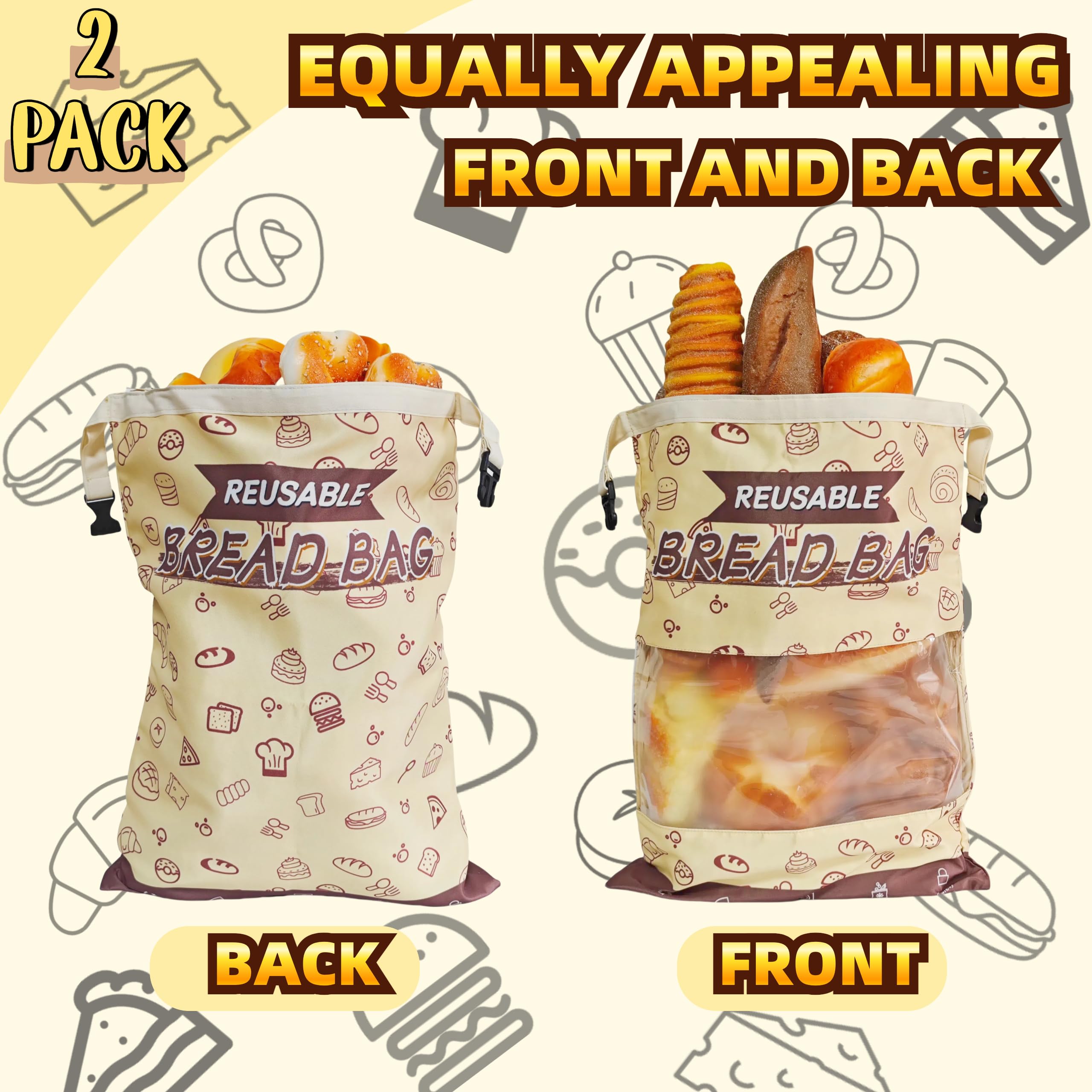 2-Pack Large Reusable Bread Bags for Sourdough & Homemade Bread, with Zipper, Window & Freezer Safe