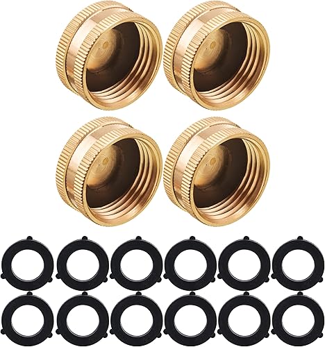 PWACCS Tapa de extremo hembra para manguera de jardín, tapa de espiga de latón con 12 arandelas adicionales, 34 pulgadas, paquete de 4