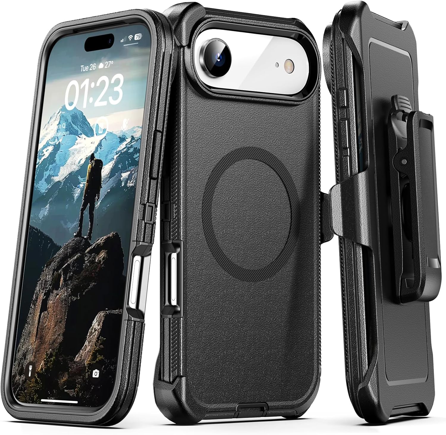 Compatible with iPhone Air Case with Belt Clip Holster, 2X Screen Protector, Shockproof, Compatible with MagSafe, 3-Layer, Heavy Duty Magnetic Phone Case Cover, 17 Air 6.5", Black