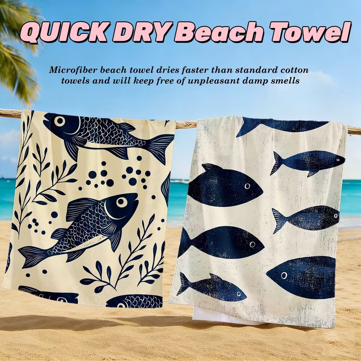 Toalla Playa 90x180 cm, Toalla Gimnasio Microfibra Secado Rapido, Juego de 2 Antiarena Toallas de Playa, Ligera Compacta Toallas Microfibra Grande para Viaje, Regalo Hombre Regalo Mujer (Pez) -4427