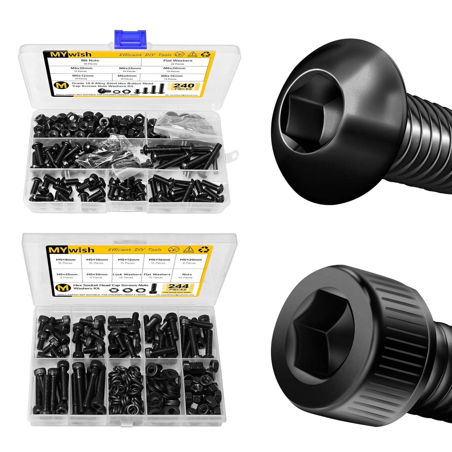 Mywish 240Pcs Button Head Socket Cap M6 Screw Nuts and Bolts Assortment Kit & 244Pcs Hex Socket Head M5 Screw Metric Screw Assortment Kit, Black Oxided Carbon Steel
