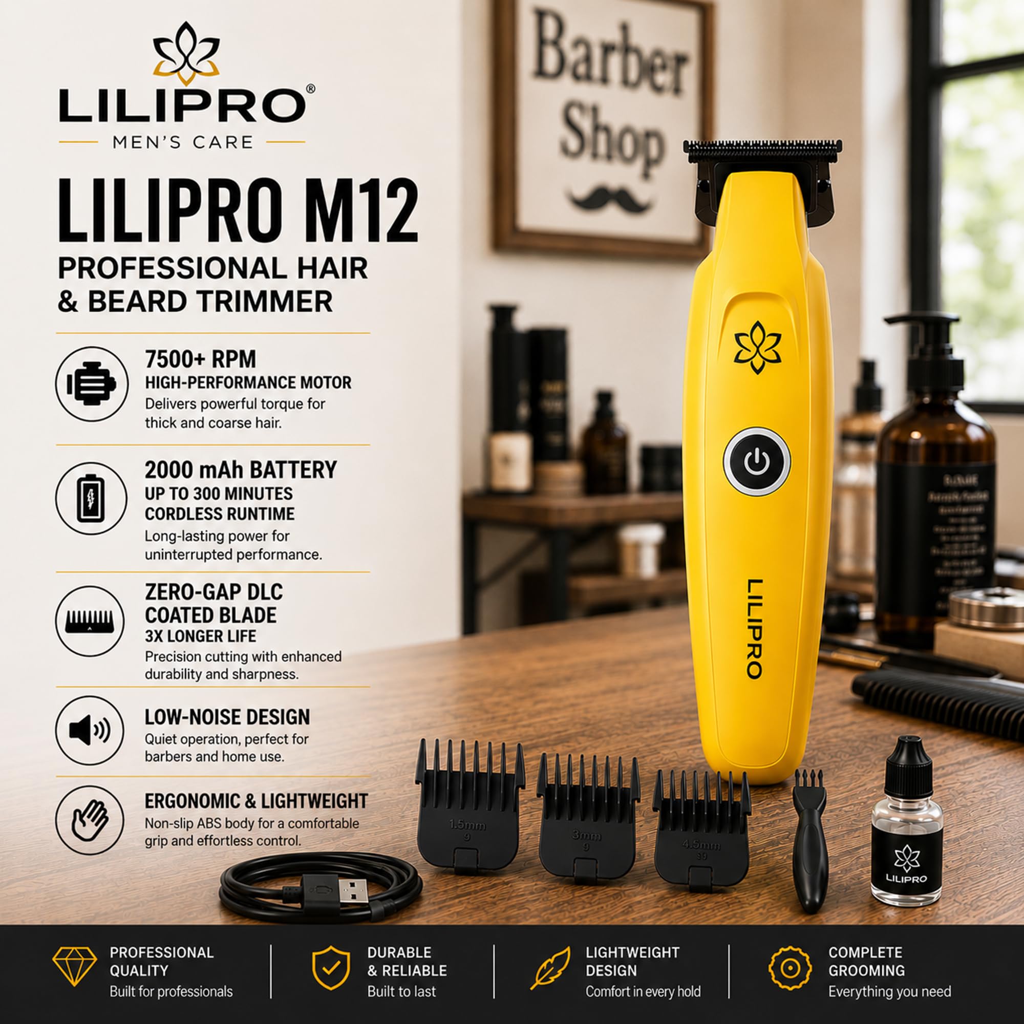 M12 Profi Herren Haarschneider & Barttrimmer | Professional Hair & Beard Trimmer – Zero-Gap DLC-T-Blade, 7500+ RPM, Kabellos, USB-C, 2000 mAh Akku, Leise & Präzise, Für Barber & Zuhause (Gelb)