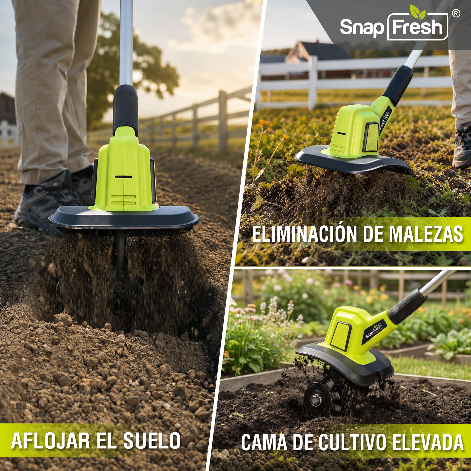 SnapFresh Motoazada de Batería Inalámbrica 20V - Fresadora de Jardín Eléctrica con Batería 4,0 Ah y Cargador Rápido para Parterres