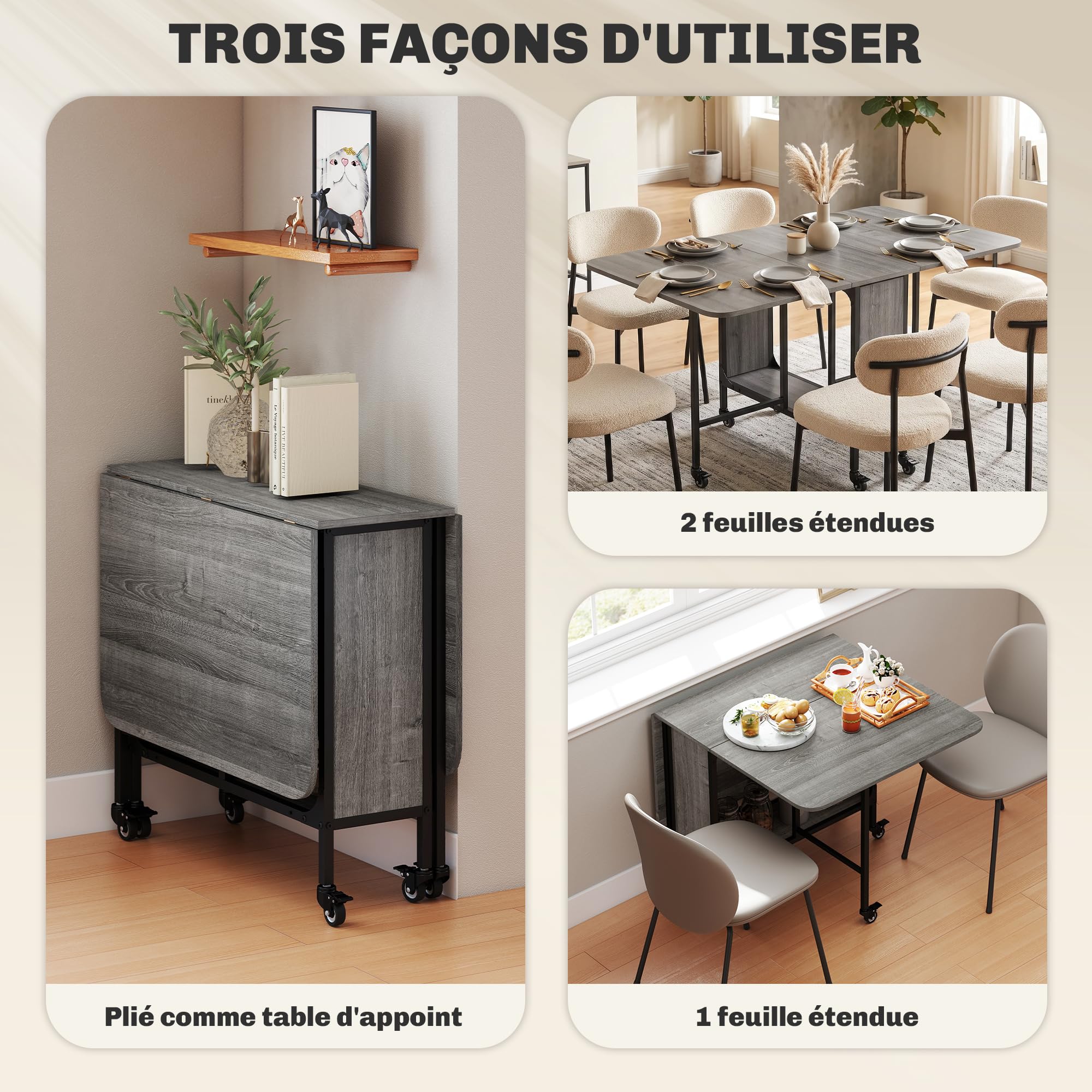 HOMCOM Tavolo da pranzo pieghevole, tavolo pieghevole cucina rettangolare, tavolo allungabile su ruote fino a 6 persone, 6 ruote e ripiano integrato, per piccoli spazi, sala da pranzo, grigio
