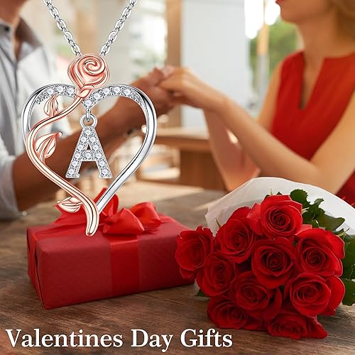 Miniatura 8 de Iefil - Collares con diseño de corazón y rosa para mujer, plata de ley 925 con inicial de corazón, regalo de cumpleaños y aniversario para mujeres,