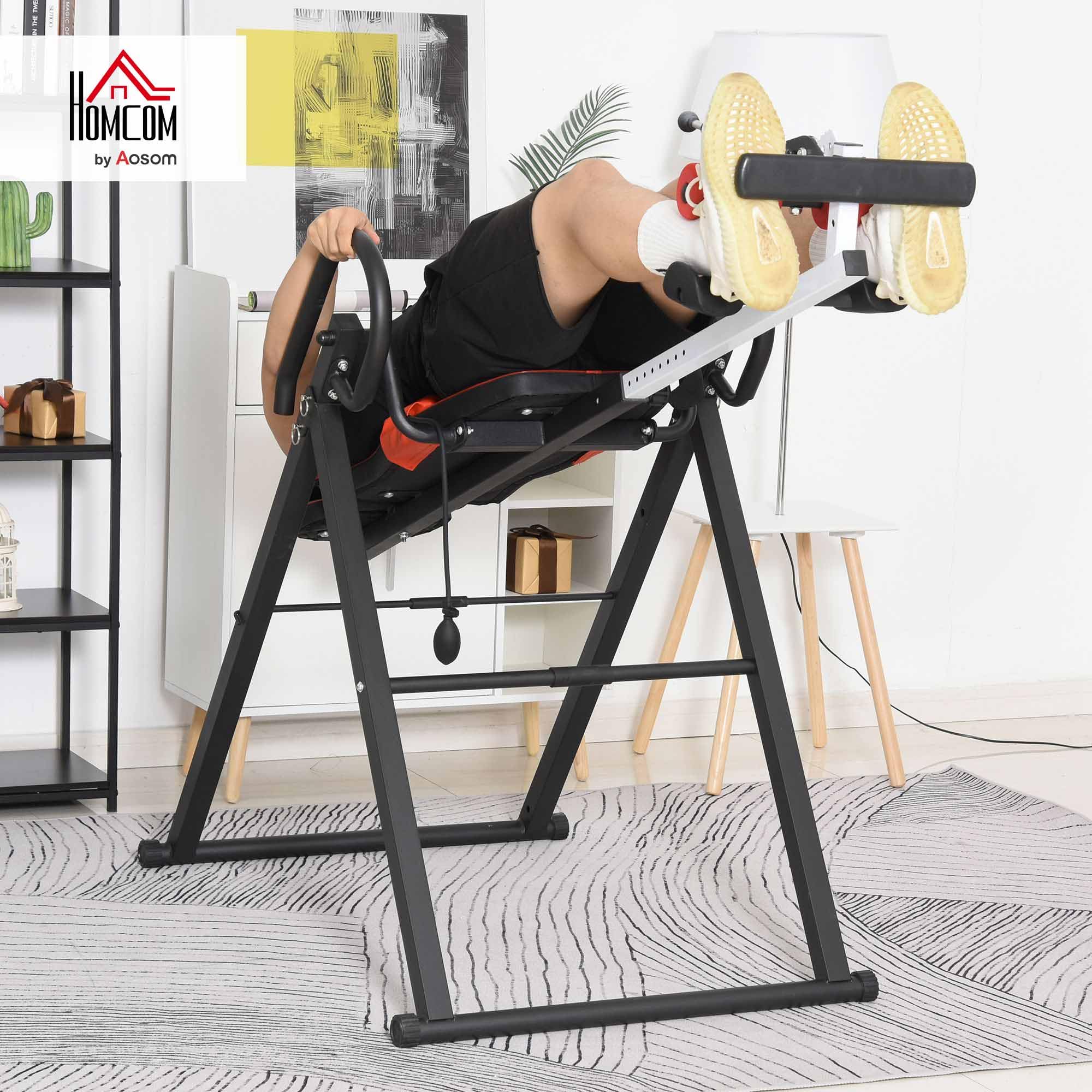 HOMCOM Panca a Inversione con Angolazione e Altezza Regolabile e Poggiatesta, Panca Inversa in Acciaio e Plastica, 79x114x153 cm, Rosso e Nero